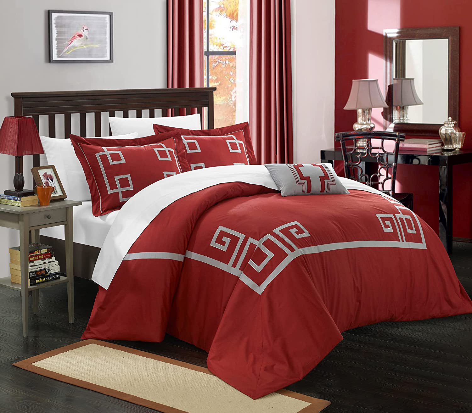 Price:$53.77 Home 4 Piece Royalton 100% Cotton Geometric Applique Duvet Cover Set, Queen, Burgundy : Home & Kitchen