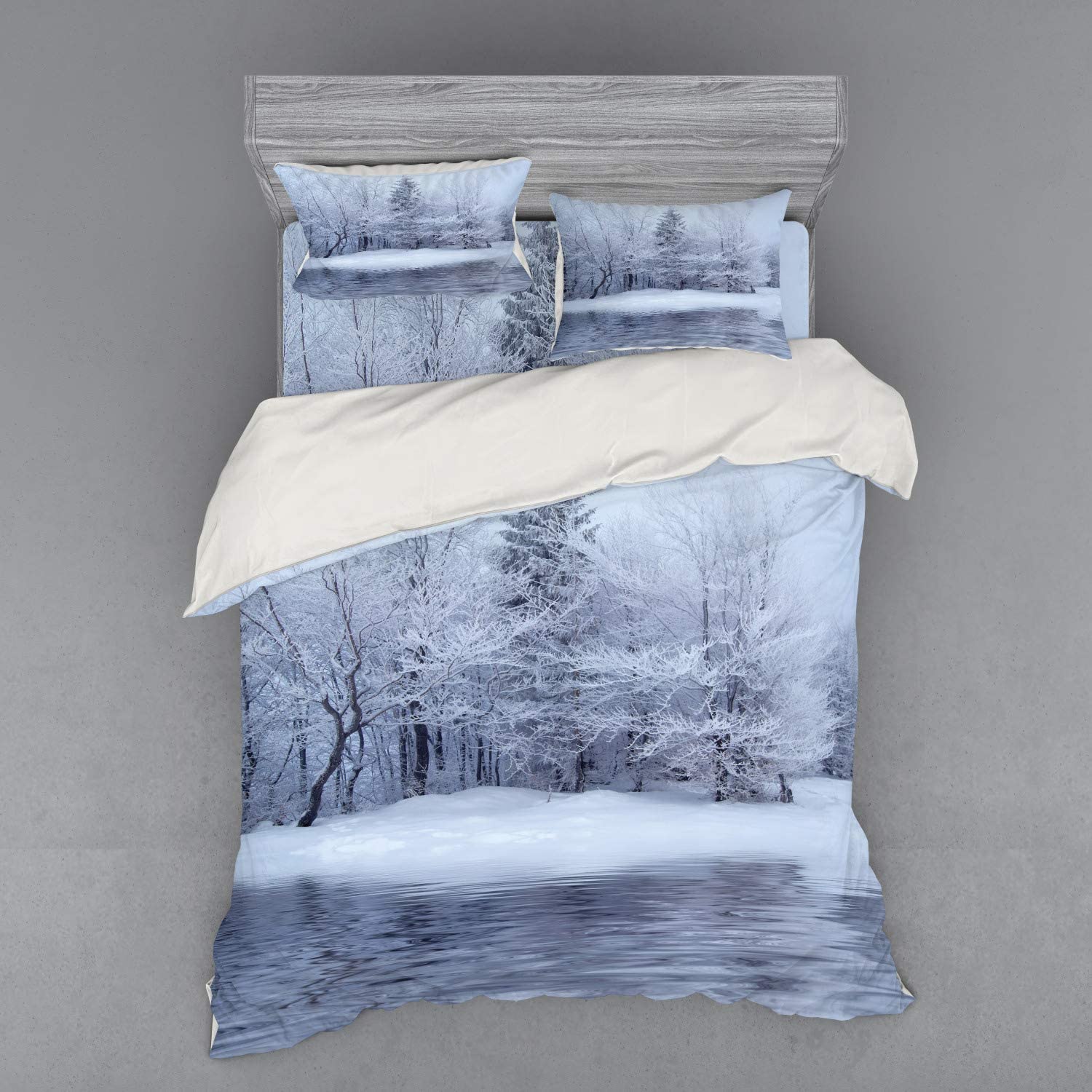 Price:$53.98 Christmas Duvet Cover Set, Frozen Lake in Winter Blizzard Forest Water Cold ICY Pure Rural Nature Scenery View, 4 Piece Bedding Set with Shams and Fitted Sheet, Queen Size, White : Home & Kitchen