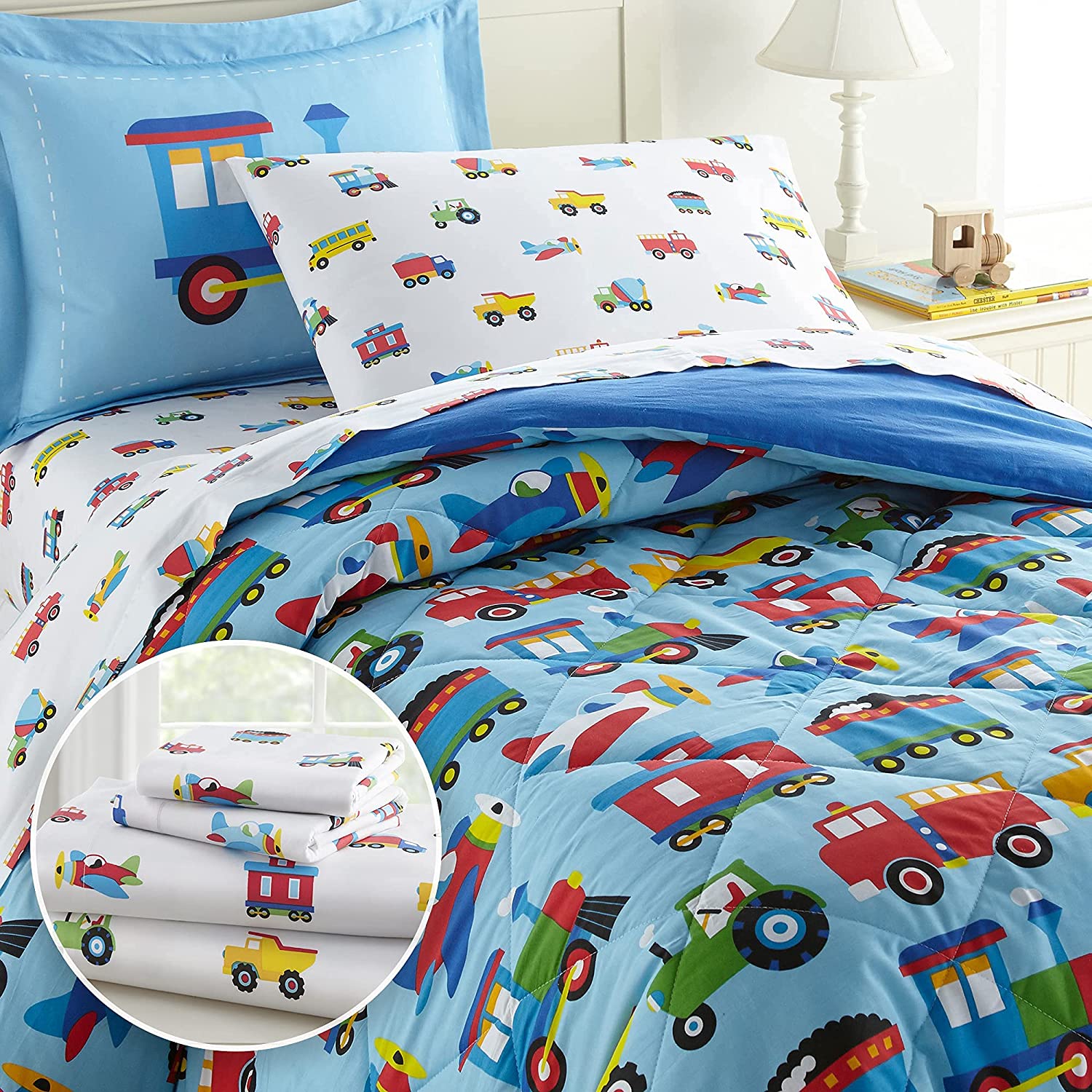 Price:$116.98 Full Cotton Duvet Cover & Sheet Set Bundle (Trains, Planes & Trucks) : Home & Kitchen