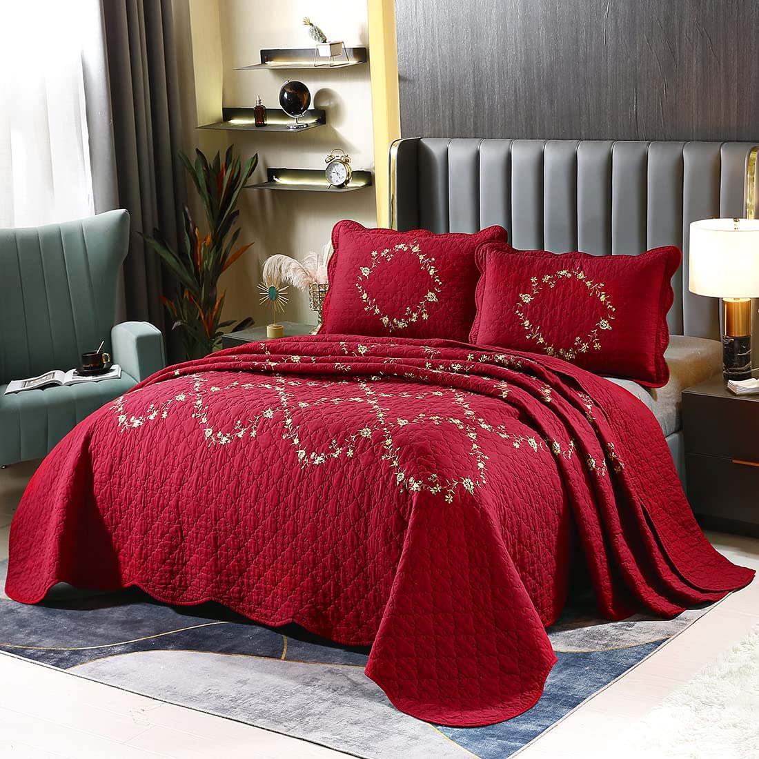 Price:$97.00 3-Piece Elegant Floral Embroidered Bedspread Coverlet Set 100% Cotton Reversible Patchwork 1 Quilt and 2 Pillow Shams Full/Queen, Red : Home & Kitchen