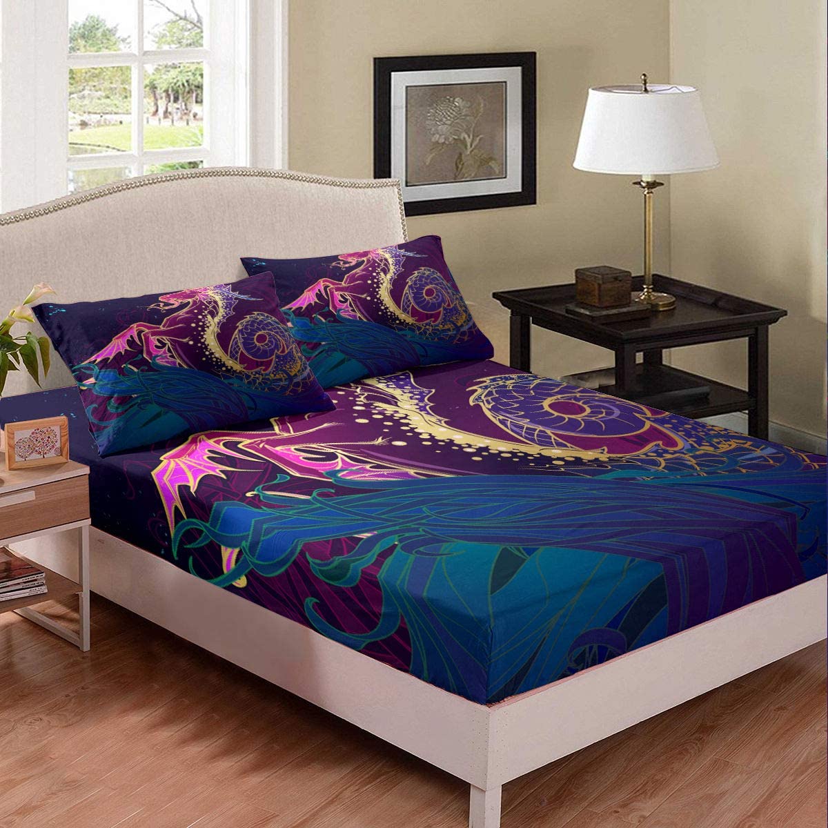 Price:$39.00 Dragon Cartoon Print Kids Bedspread Fitted Sheet Purple Ocean Dragon Duvet Fitted Sheet Full Huge Sea Waves Boys Girls Bedding Sets : Home & Kitchen