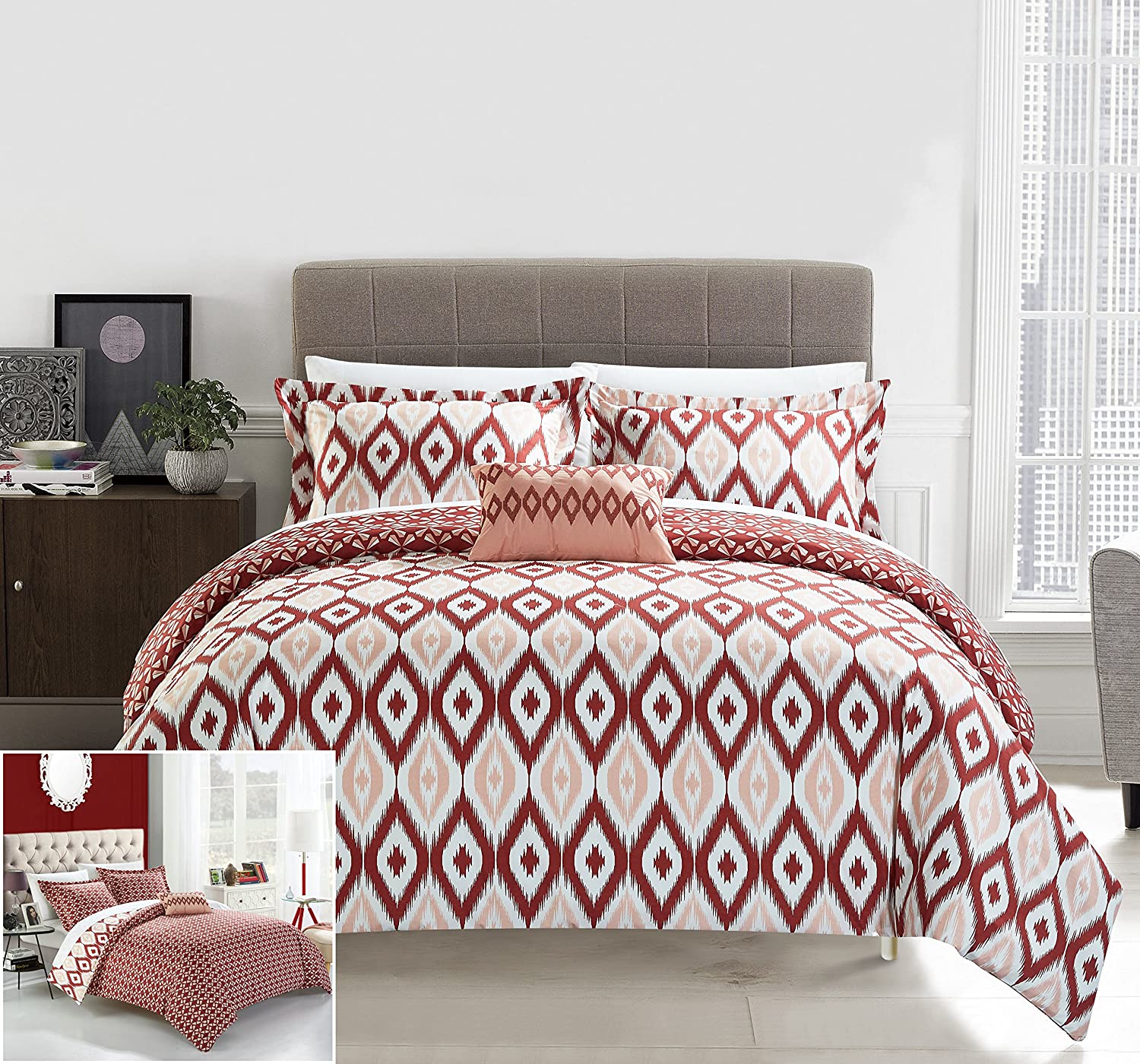 Price:$43.82 Home 4 Piece Normani Reversible Ikat Diamond and Contemporary Geometric Pattern Print Technique Queen Duvet Cover Set Brick : Home & Kitchen
