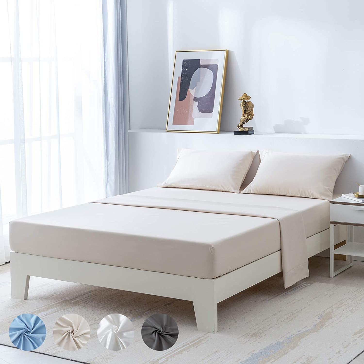 Price:$20.99 HOME & SPORTS King Bed Sheets Set Beige Ultra Soft 4 Pieces Bedding Microfiber Luxury Sheet with 16" Deep Pockets : Home & Kitchen