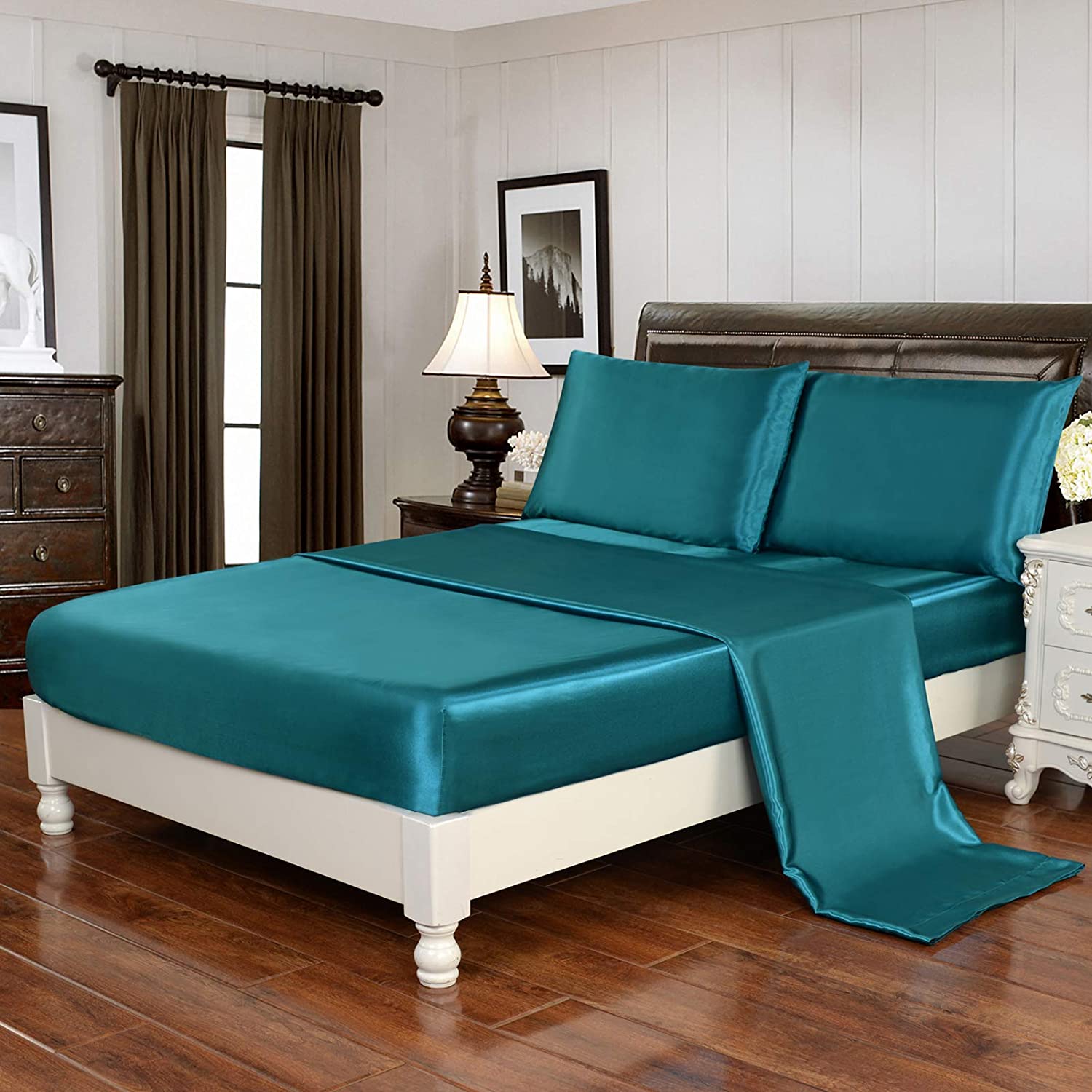 Price:$32.99 Silky Soft Luxury 4 Piece Deep Pocket King Satin Sheet Set, Free Fitted Sheet Straps Included, Teal : Home & Kitchen