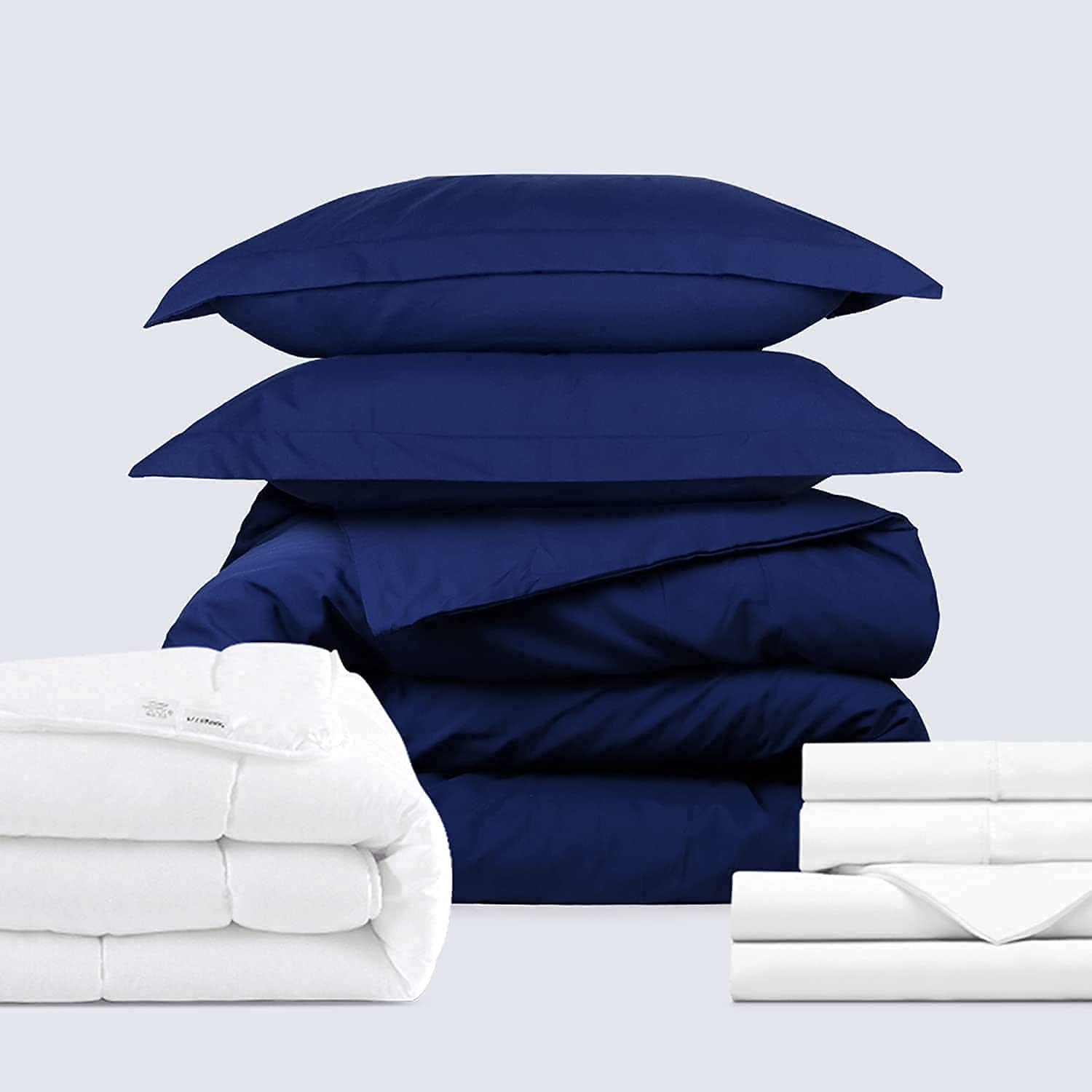 Price:$63.64 Complete Microfiber Sheet Bundle - 4 Piece Sheet Set (Queen, White) & 3 Piece Microfiber Duvet Set (Queen, Navy Blue) & Microfiber Shell Down Comforter (Queen) : Home & Kitchen