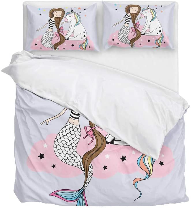 Price:$29.99 girl Unicorn and Mermaid Duvet Cover Set Queen Soft Microfiber Polyester 1 Duvet Cover and 2 Pillow Shams Three Piece : Home & Kitchen