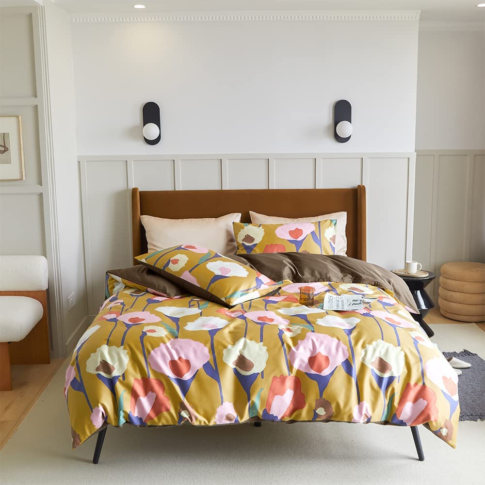 Price:$78.99 Queen Floral Duvet Cover Deep Yellow 3PCS Long Staple Cotton Bedding Set Soft Breathable Elegant Vintage Silky Mustard Bedding Comforter Cover with 2 Pillowcase Zipper Closure for Room Decor : Home & Kitchen