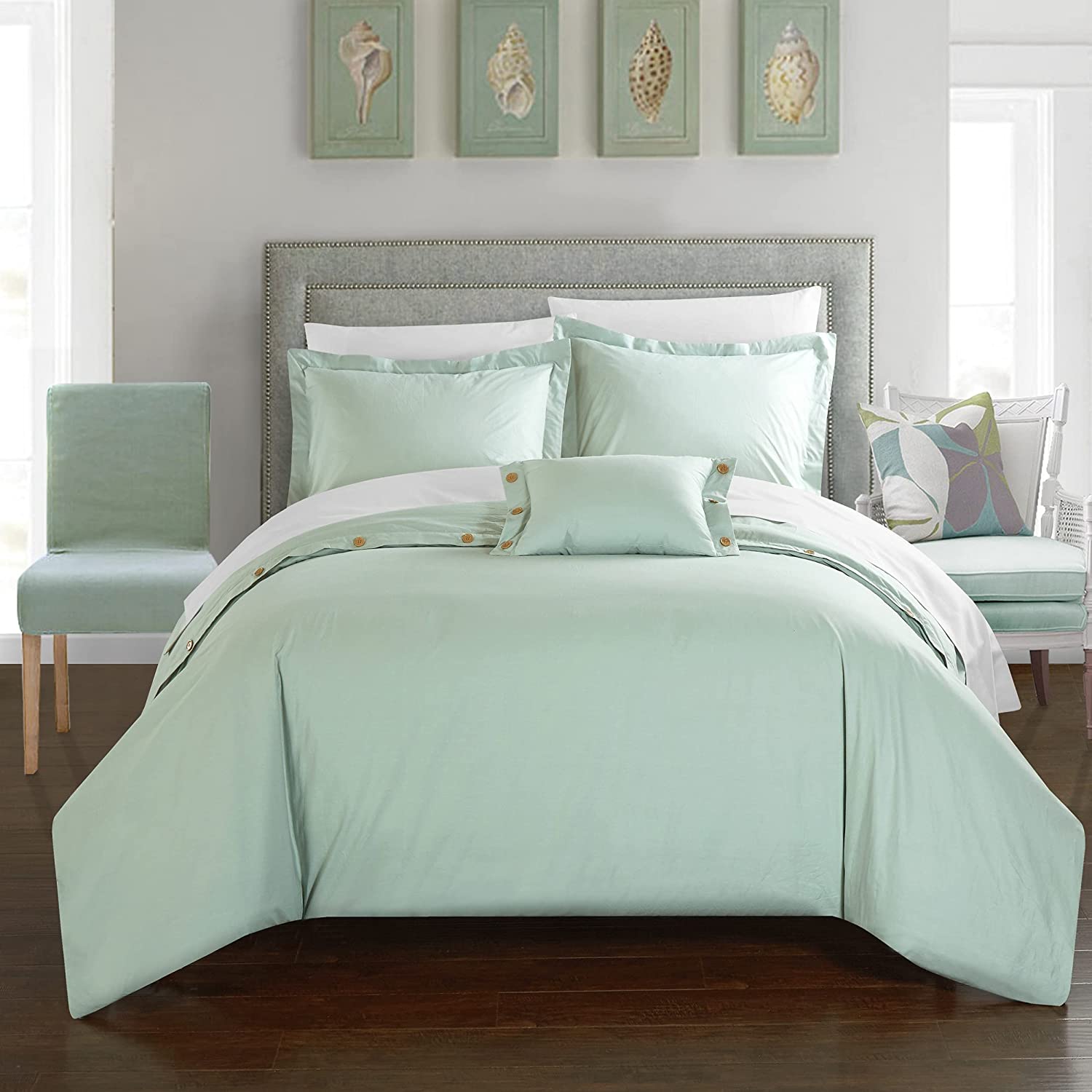 Price:$53.45 Home 3 Piece Hartford 200 Thread Count Combed Finish 100% Cotton Twill Weave Button Closure Detail Duvet Cover Set Shams and Decorative Pillows Included, Twin, Aqua : Home & Kitchen