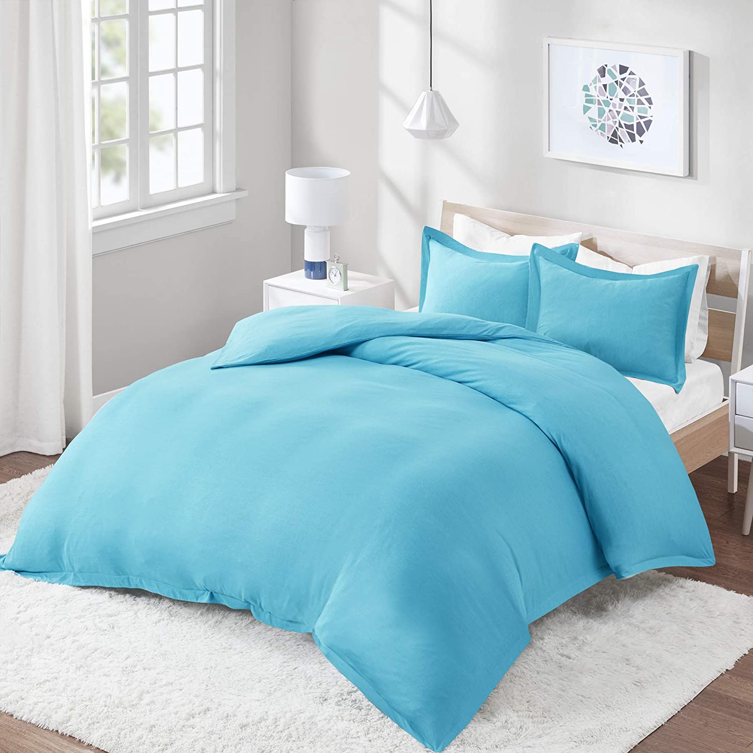 Price:$26.37 Spaces Cotton Blend Jersey 3 Piece Duvet Cover Pillow Shams, Breathable Ultlra Soft Bedding Set, Queen, Teal : Home & Kitchen