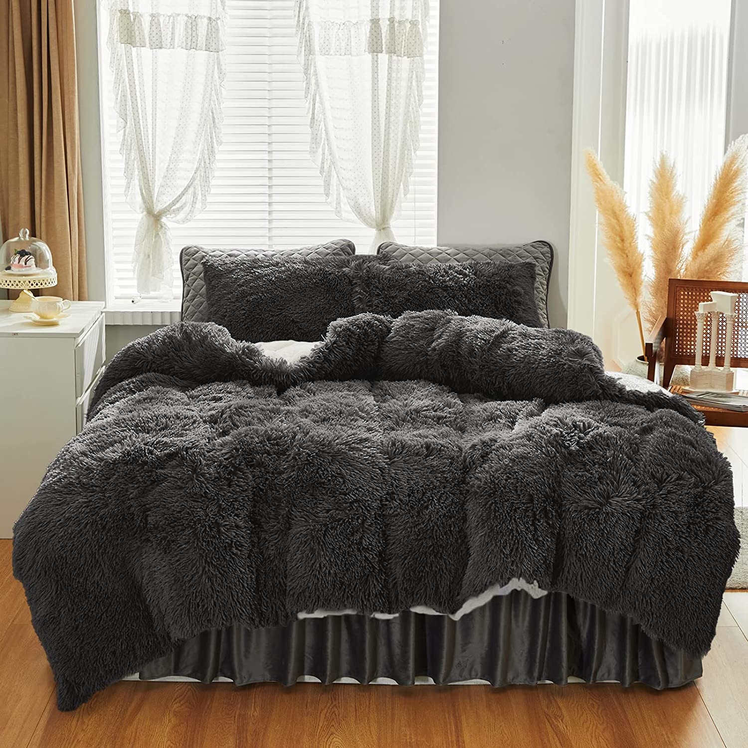 Price:$119.99 Size Faux Fur Comforter Set Black Dark Gray - 6 Pieces Shaggy Comforter Set Adult Size - Luxury Warm Winter Bed in a Bag Style with Flannel Bed Skirt, Pillowcases : Everything Else
