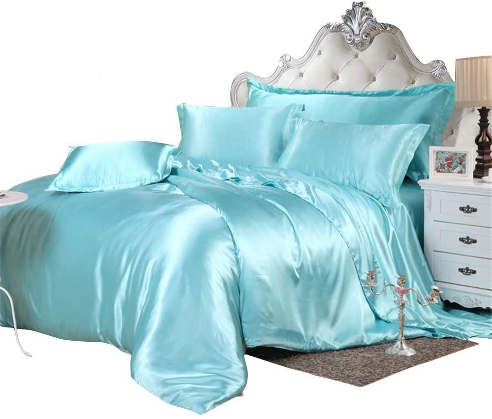 Price:$152.00 Bedding Silk Satin Sheet Set 7 Pcs Silky Texture Luxurious , Royal Look Silky Sheet Combo Set 1 Flat Sheet 1 Fitted Sheet 1 Duvet Cover 4 Pillowcases!| Aqua Blue/ King : Home & Kitchen