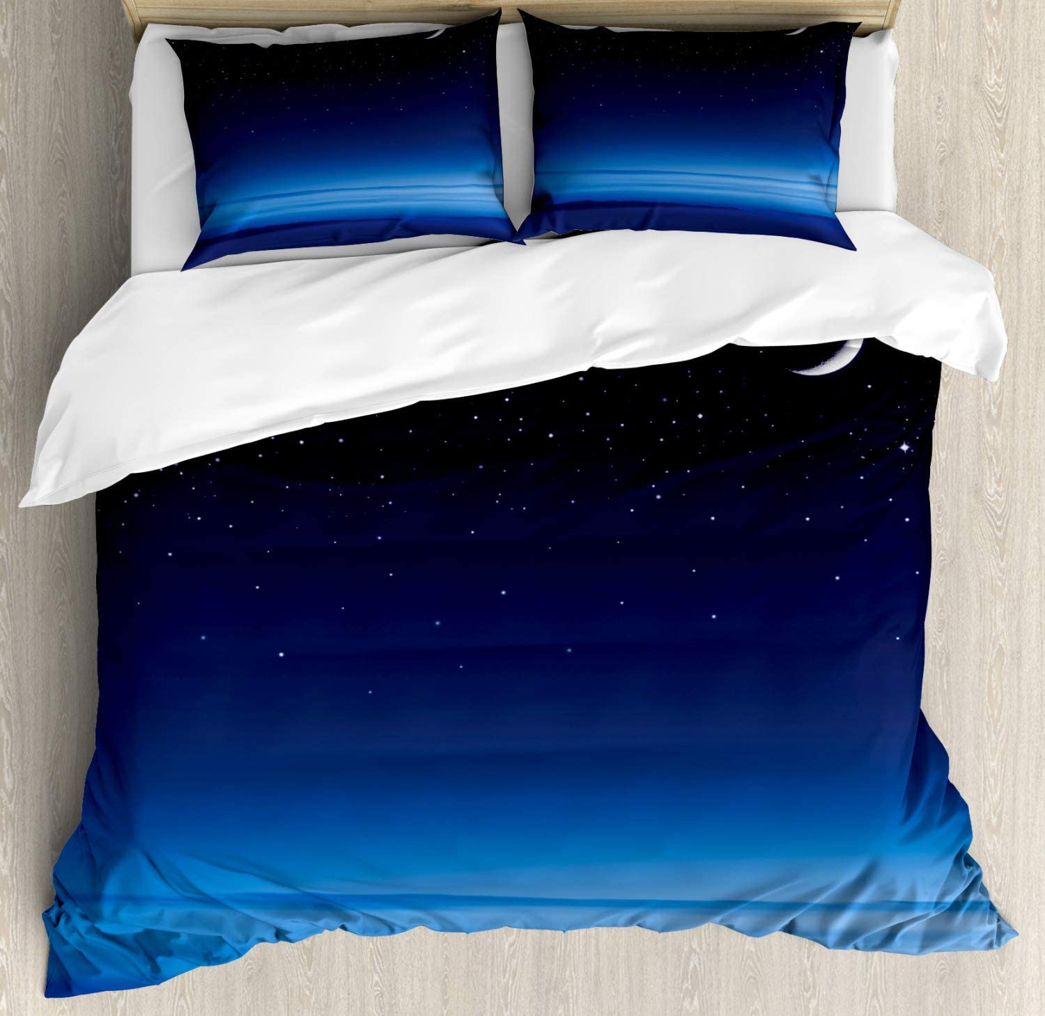 Price:$47.98 Night Duvet Cover Set, Moon and Stars Over Santa Barbara Channel Infinity Foggy Pacific Ocean, Decorative 3 Piece Bedding Set with 2 Pillow Shams, Queen Size, Dark Blue Sky Blue White : Home & Kitchen