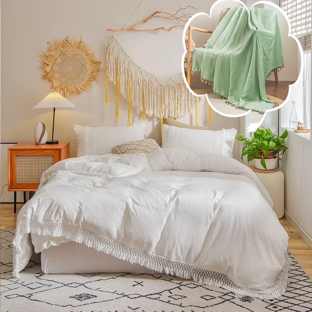 Price:$79.99 Tassel Duvet Cover Set and Sage Green Tassel Flannel Blanket Bundle : Home & Kitchen