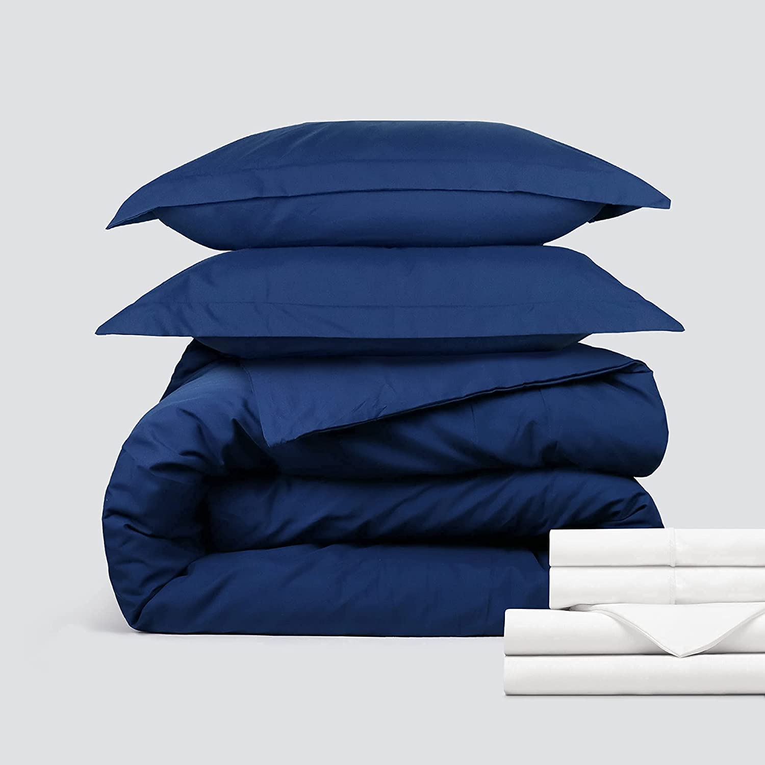 Price:$36.99 Classic Microfiber Bedding Bundle - 4 Piece Sheet Set (King, White) & 3 Piece Microfiber Duvet Set (King, Navy Blue) : Home & Kitchen