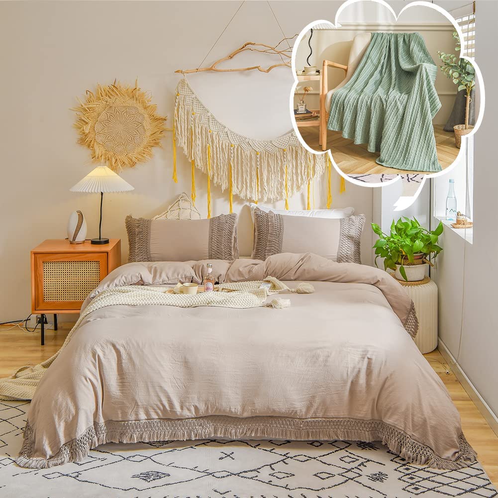 Price:$83.99 Tassel Duvet Cover Set Queen Size and Sage Green Knit Blanket Bundle : Home & Kitchen