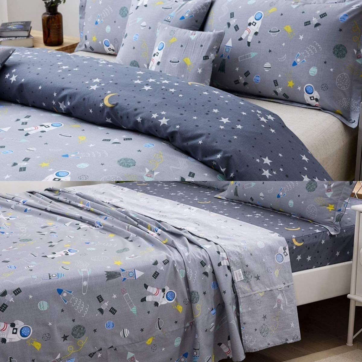 Price:$147.99 7 Pieces Bed in A Bag Gray Astronaut Queen Bedding Sets Cotton Reversible Space Kids Duvet Cover Bed Sheets Sets : Home & Kitchen