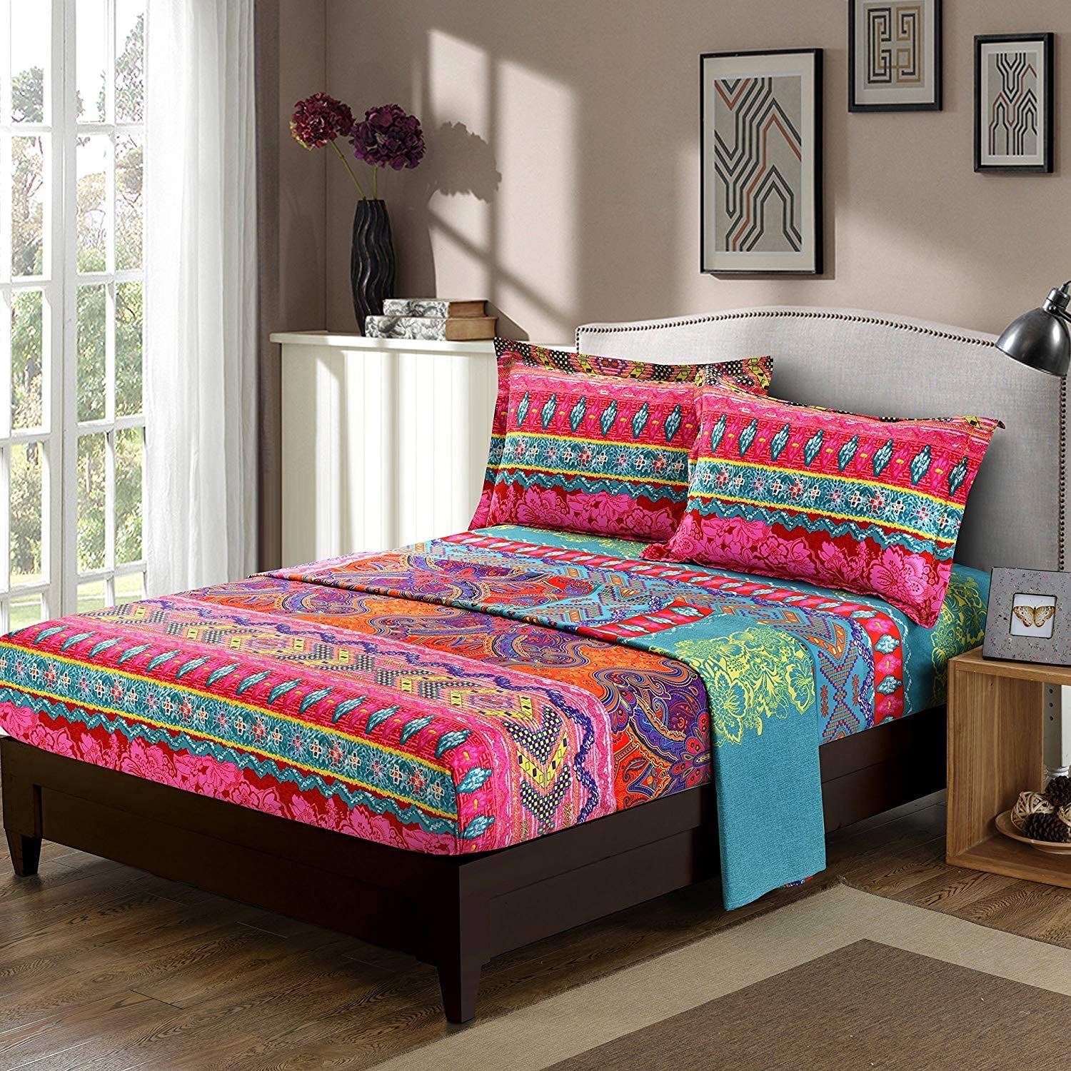 Price:$52.99 Bohemian Tribal Sheet Set Queen Size Boho Retro Floral Printed Queen Bed Sheets Soft Microfiber Bedding, 16" Deep Pocket Ethnic Fitted Sheet,Multi-Colored Flat Sheets,2 Pillowcases : Home & Kitchen