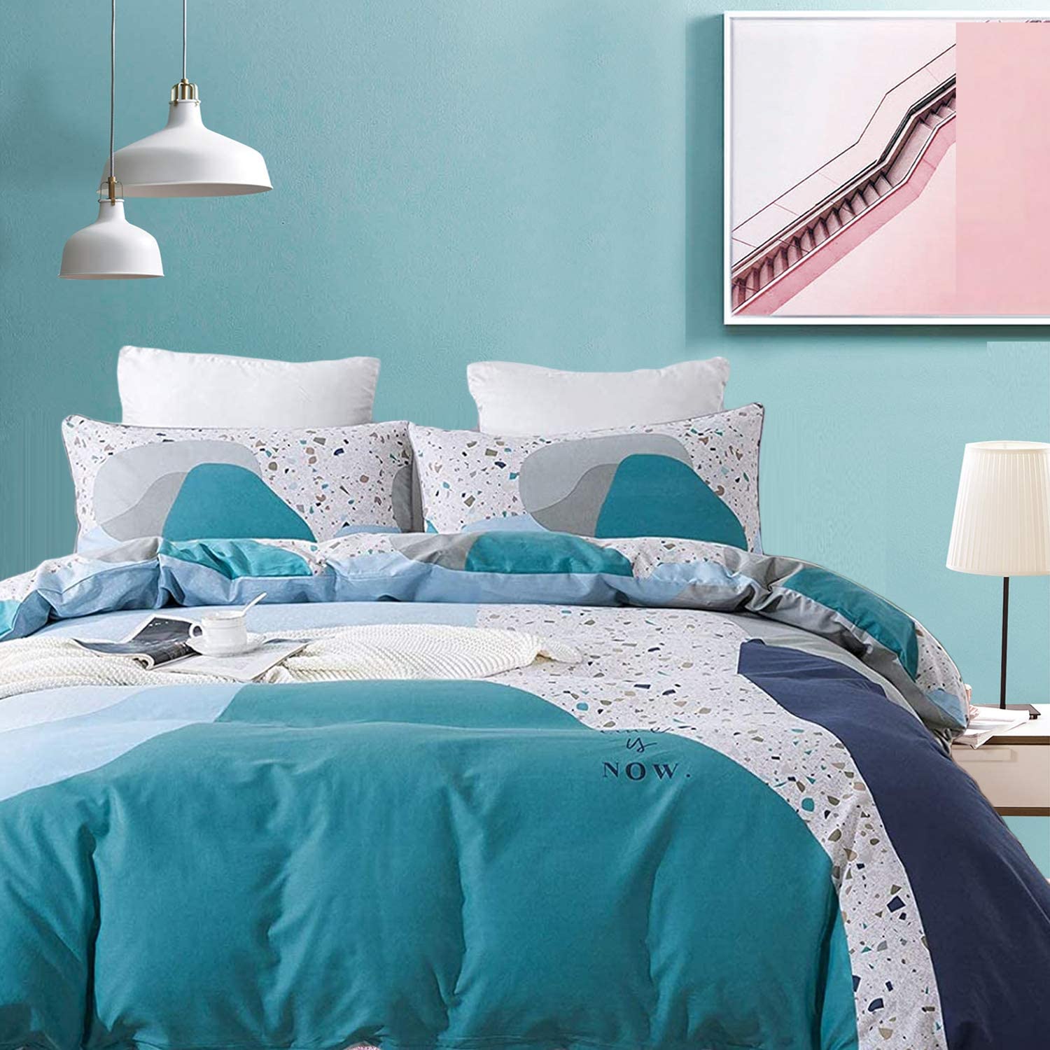 Price:$82.99 Modern Duvet Cover Set Queen Size Premium 100% Cotton 5 Piece Teal Green Bedding with White Pom Pom Pillowcase : Home & Kitchen