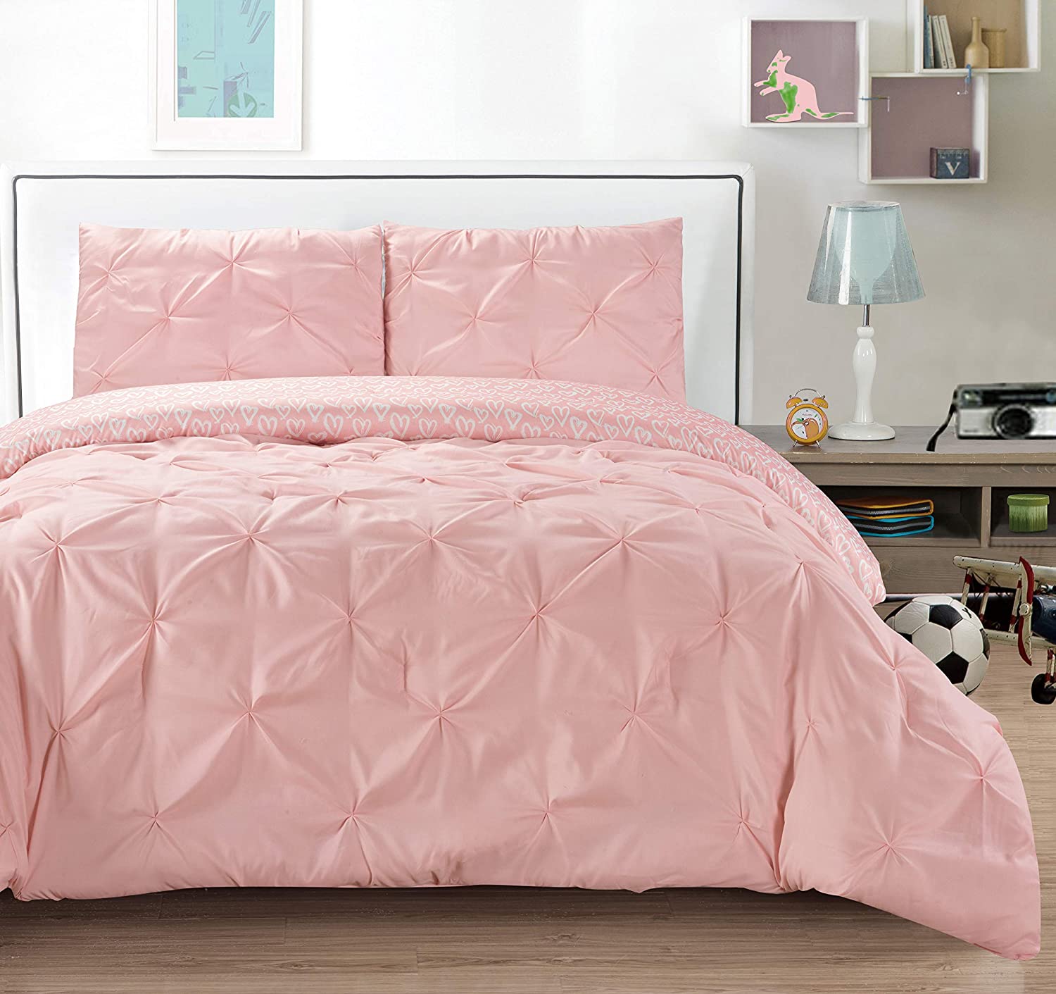 Price:$47.99 + Bash Ferrah Pin Tuck/Heart Reversible Duvet Set, Full/Queen, Pink : Home & Kitchen