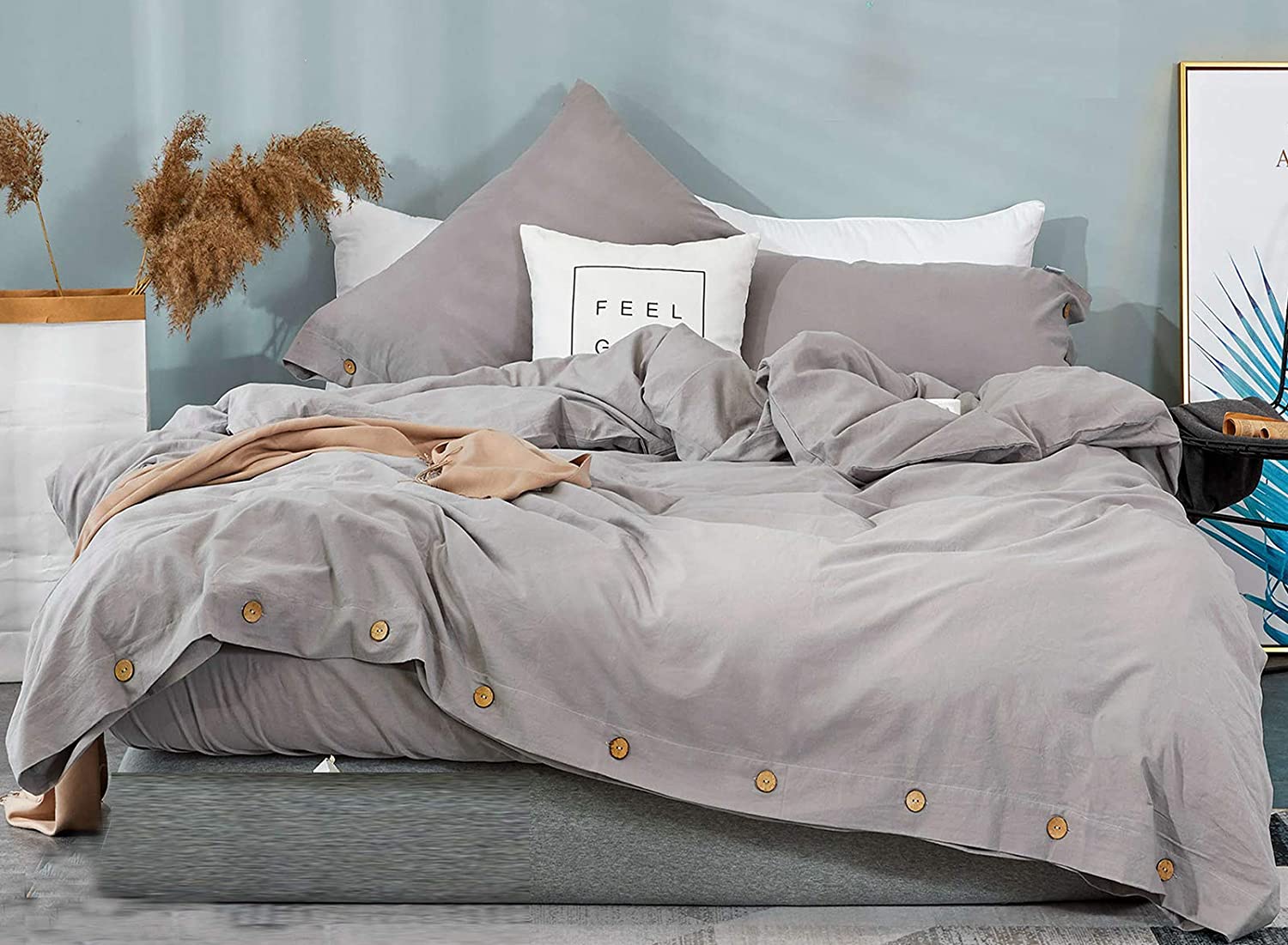 Price:$39.99 Washed Cotton Duvet Cover Set 3 Pieces Button Closure Solid Color Lightweight Soft Bedding Set with Corner Ties (Light Grey, Queen) : Home & Kitchen