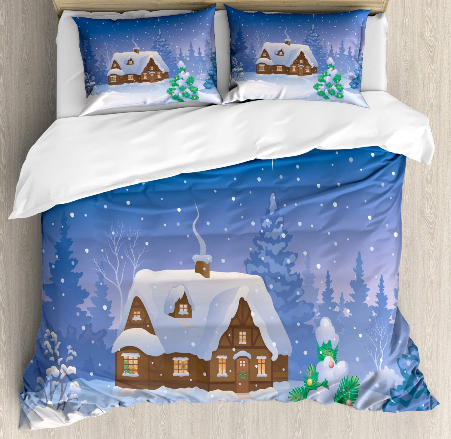Price:$47.98 Winter Scene Duvet Cover Set, Christmas Tree Snowy Cottage in The Woods Print, Decorative 3 Piece Bedding Set with 2 Pillow Shams, Queen Size, Fern Green Ceil Blue Persian Blue Amber : Home & Kitchen