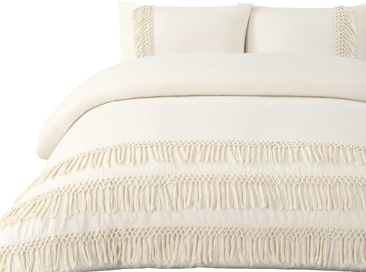 Price:$67.08 Home Boho Fringe Organic Cotton Duvet Cover Set, Twin, Natural : Home & Kitchen