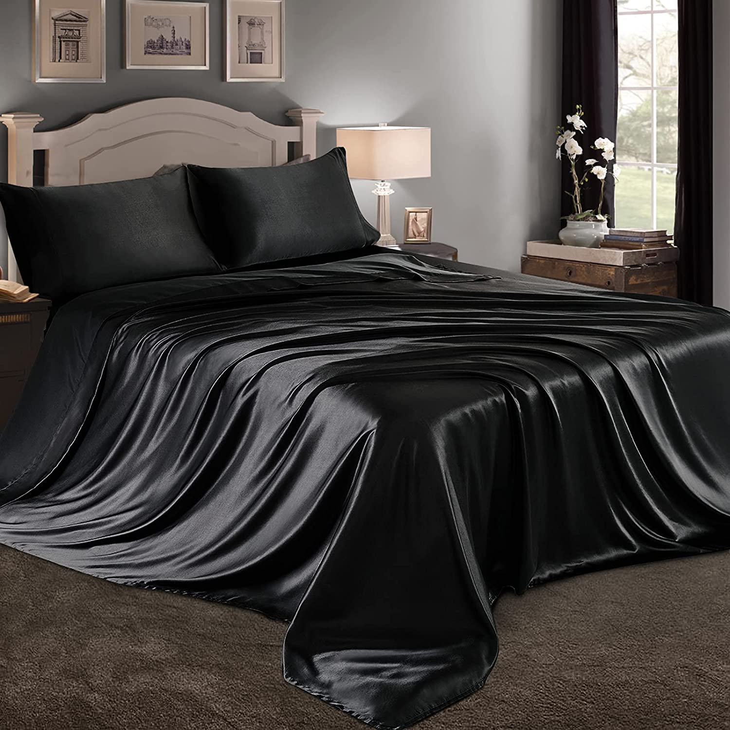 Price:$32.99 M 4 Piece Black Satin Sheets Queen Size Satin Bed Sheets Set Silky Satin Sheet with 1 Deep Pocket Fitted Sheet+1 Flat Sheet+2 Pillowcases : Everything Else