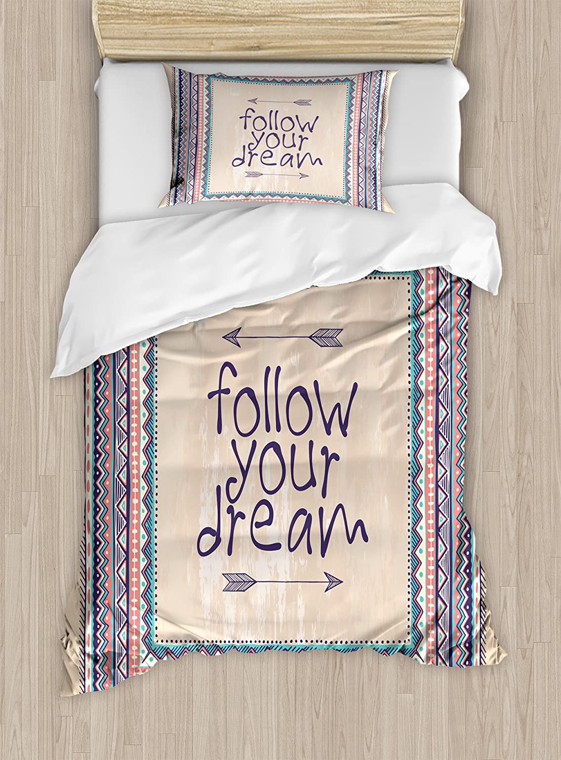 Price:$29.97 Tribal Duvet Cover Set, Inspirational Words Follow Your Dream and Arrows Aztec Framed Graphic Art Print, Decorative 2 Piece Bedding Set with 1 Pillow Sham, Twin Size, Coral Blue : Home & Kitchen