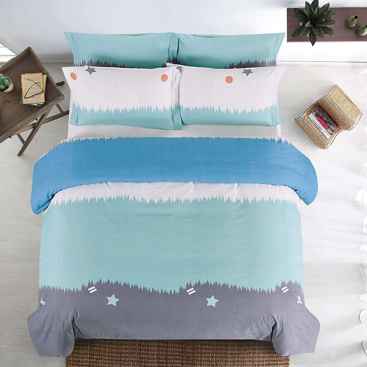 Price:$19.99 Duvet Cover Set,Striped Bedding,Large Scale Stripes Pattern,Quilt Cover Set with Pillow Sham,Queen Ivory Sky Blue and Grey : Home & Kitchen