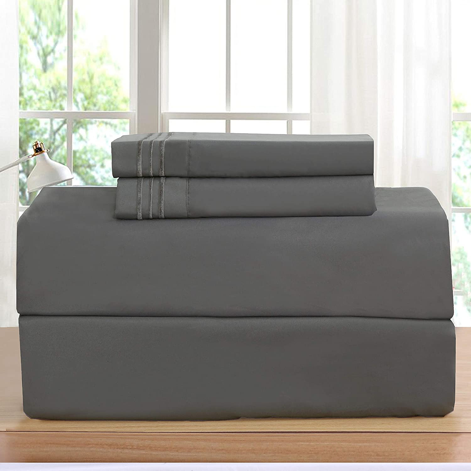 Price:$29.98 Bed Sheets Set on Amazon! Elegant Comfort 1500 Thread Count Wrinkle,Fade and Stain Resistant 4-Piece Bed Sheet Set, Deep Pocket, Queen Grey : Home & Kitchen