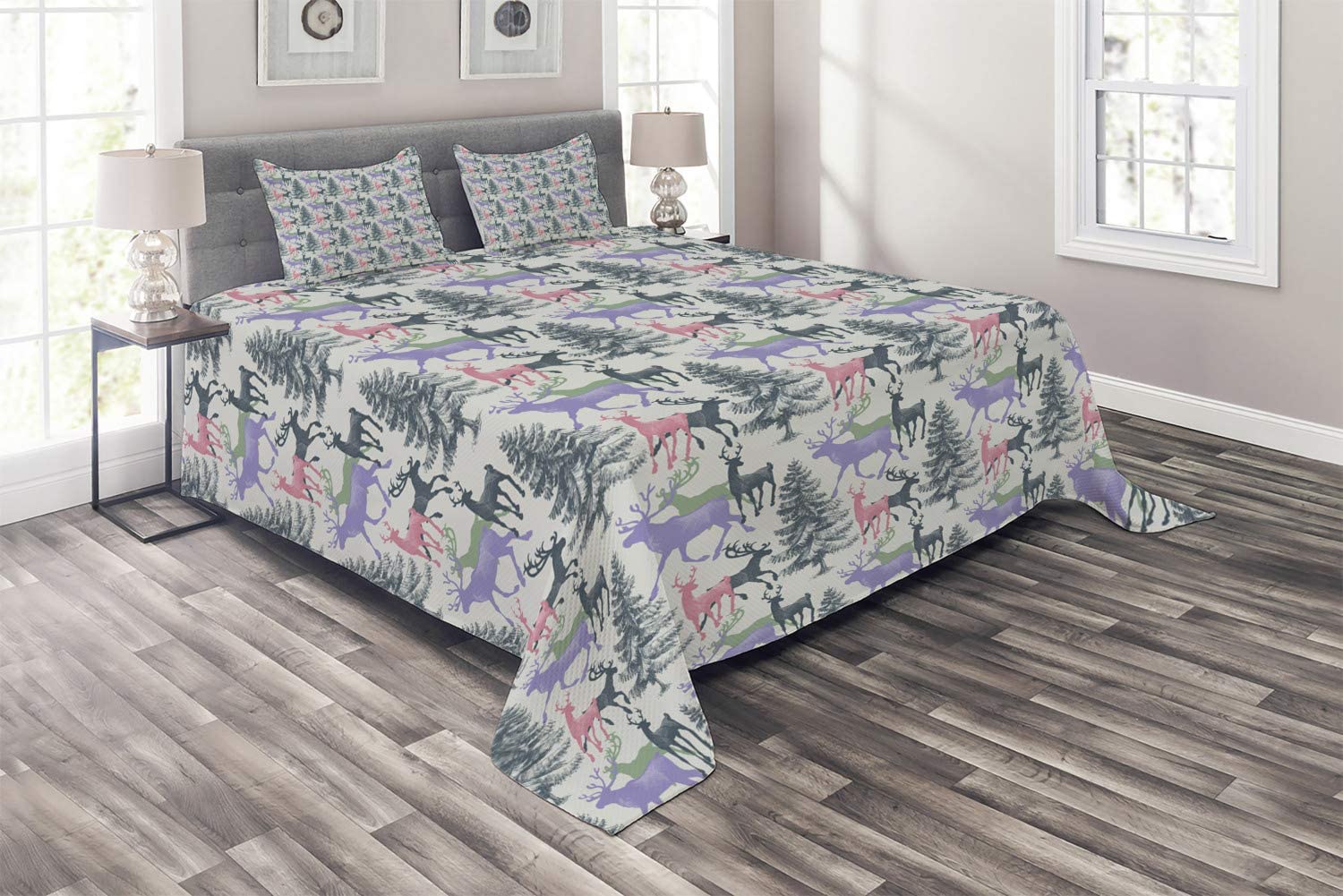 Price:$29.98 Deer Coverlet, Pine Trees with Animals Antlers Winter Season December Christmas Themed Illustration, 2 Piece Decorative Quilted Bedspread Set with 1 Pillow Sham, Twin Size, Lilac Grey : Home & Kitchen