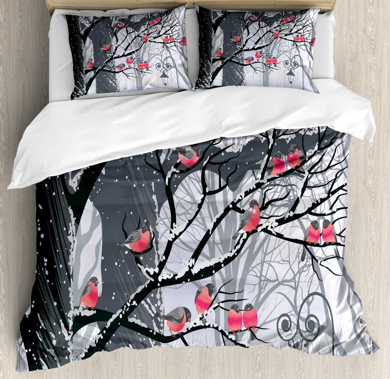 Price:$47.98 Winter Duvet Cover Set, Bullfinches on Trees Winter City Park Snow Cold Weather Immigrant Birds Design, Decorative 3 Piece Bedding Set with 2 Pillow Shams, Queen Size, Grey Coral : Home & Kitchen