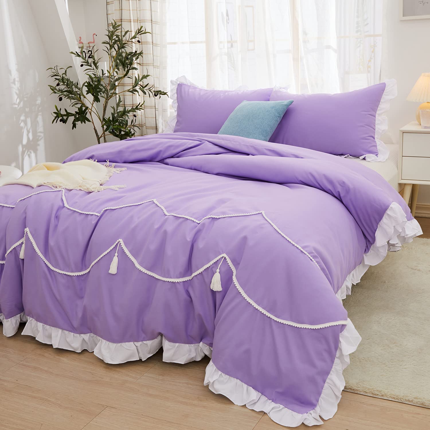 Price:$41.99 Purple Duvet Cover (Large)-Boho Bedding Duvet Cover 3 Piece Set 100% Microfiber Bedding Set Ruffle Quilt Cover with Zipper : Home & Kitchen