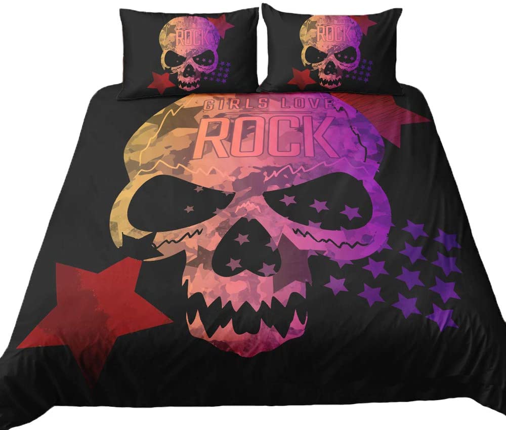 Price:$39.99 Love Rock Skul Bedding Duvet Cover Sets Gothic Red Star Pentagram on Black Background Quilt Cover with Pillowcase for Kids and Adults Bedspread Cover (Black, Twin) : Home & Kitchen