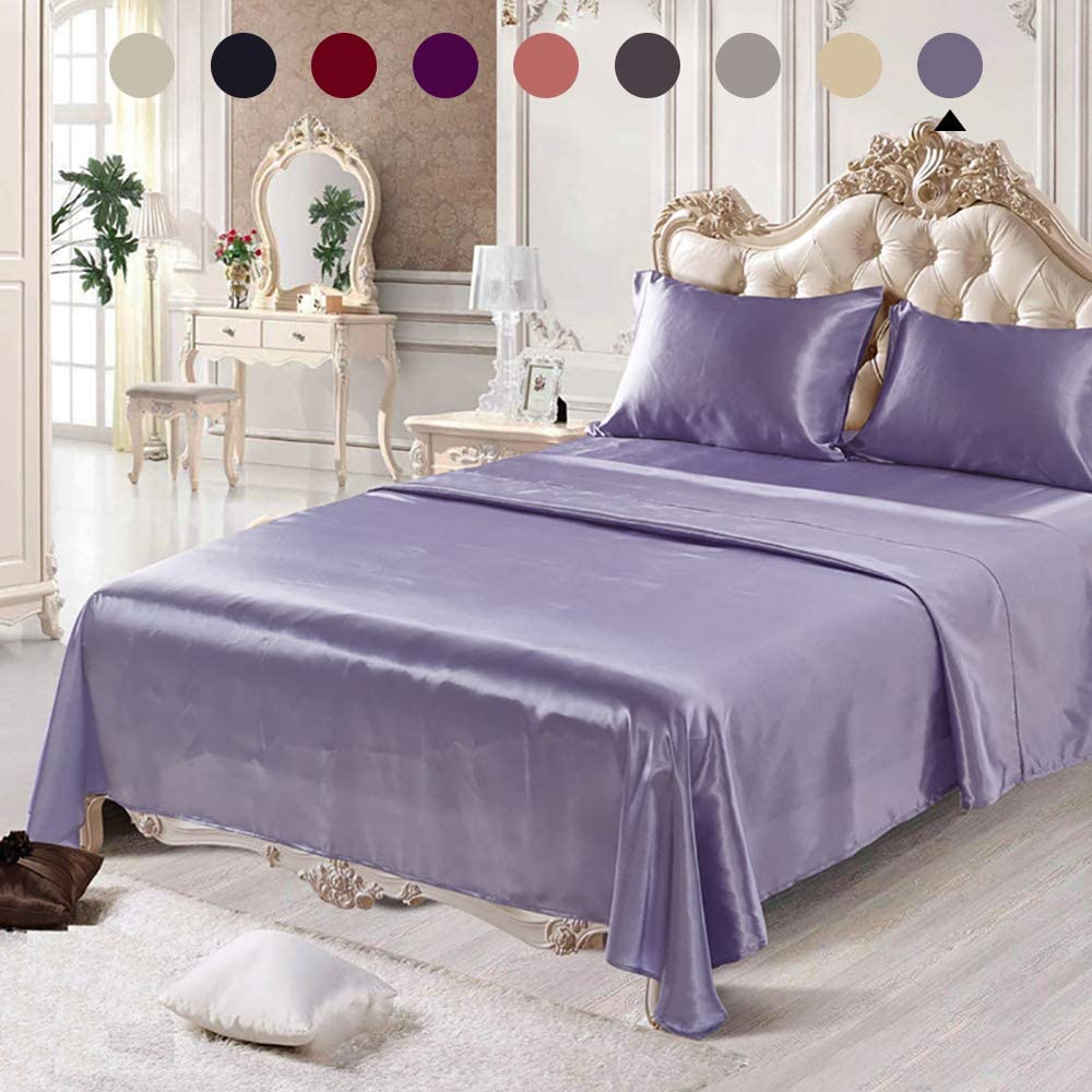 Price:$40.99 4 Pieces Lavender Satin Silky Sheets Set Queen Size Luxurious Smooth Silky Bedding Collection Soft Microfiber, 16" Deep Pocket Fitted Sheet,Cool Flat Sheet,2 Satin Pillowcases (Purple,Queen) : Home & Kitchen