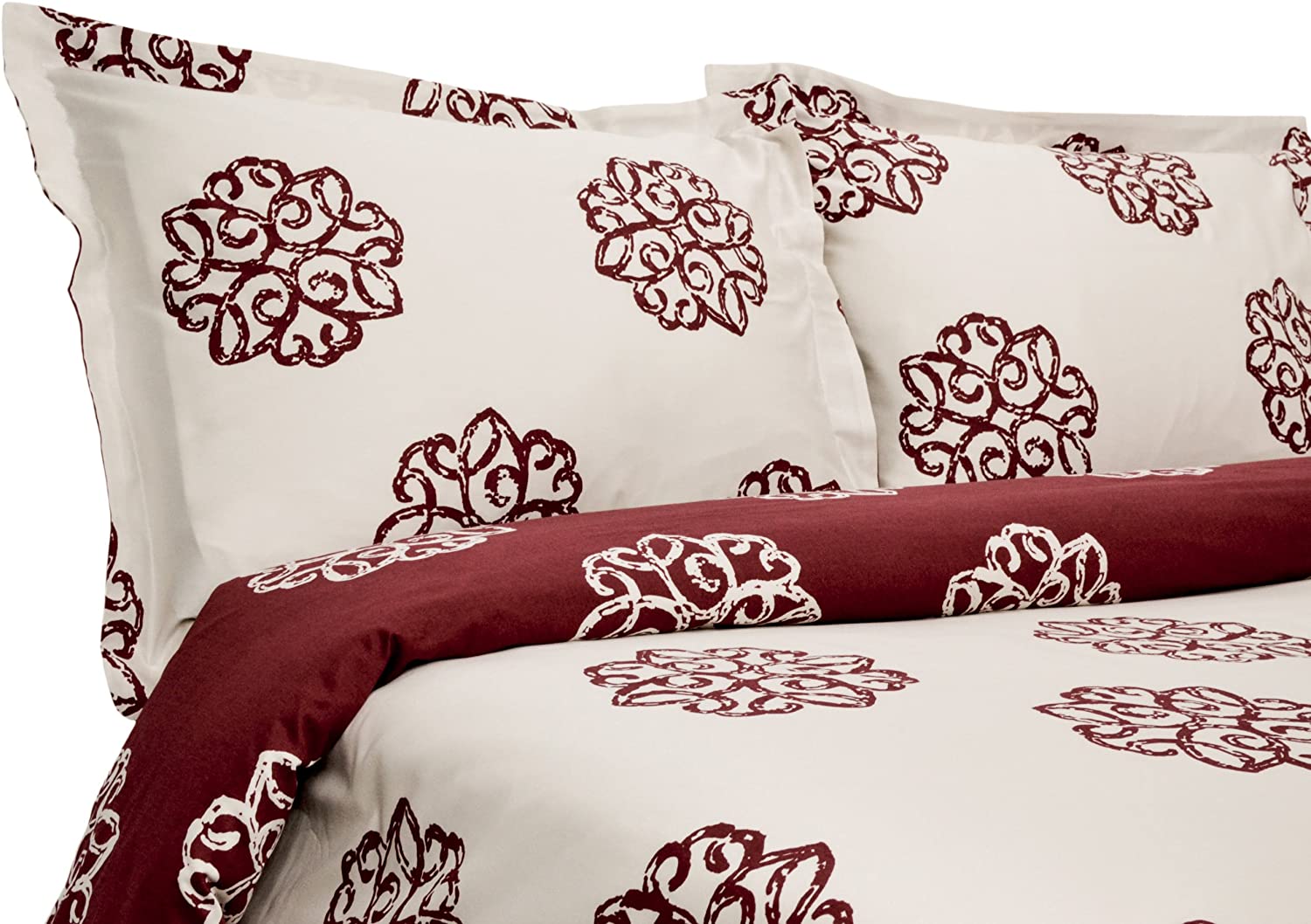 Price:$45.59 Home Milena Medallion Collection 310 Thread-Count 100-Percent Cotton Sateen Reversible Full/Queen 3 Piece Duvet/Sham Set, Crimson : Home & Kitchen