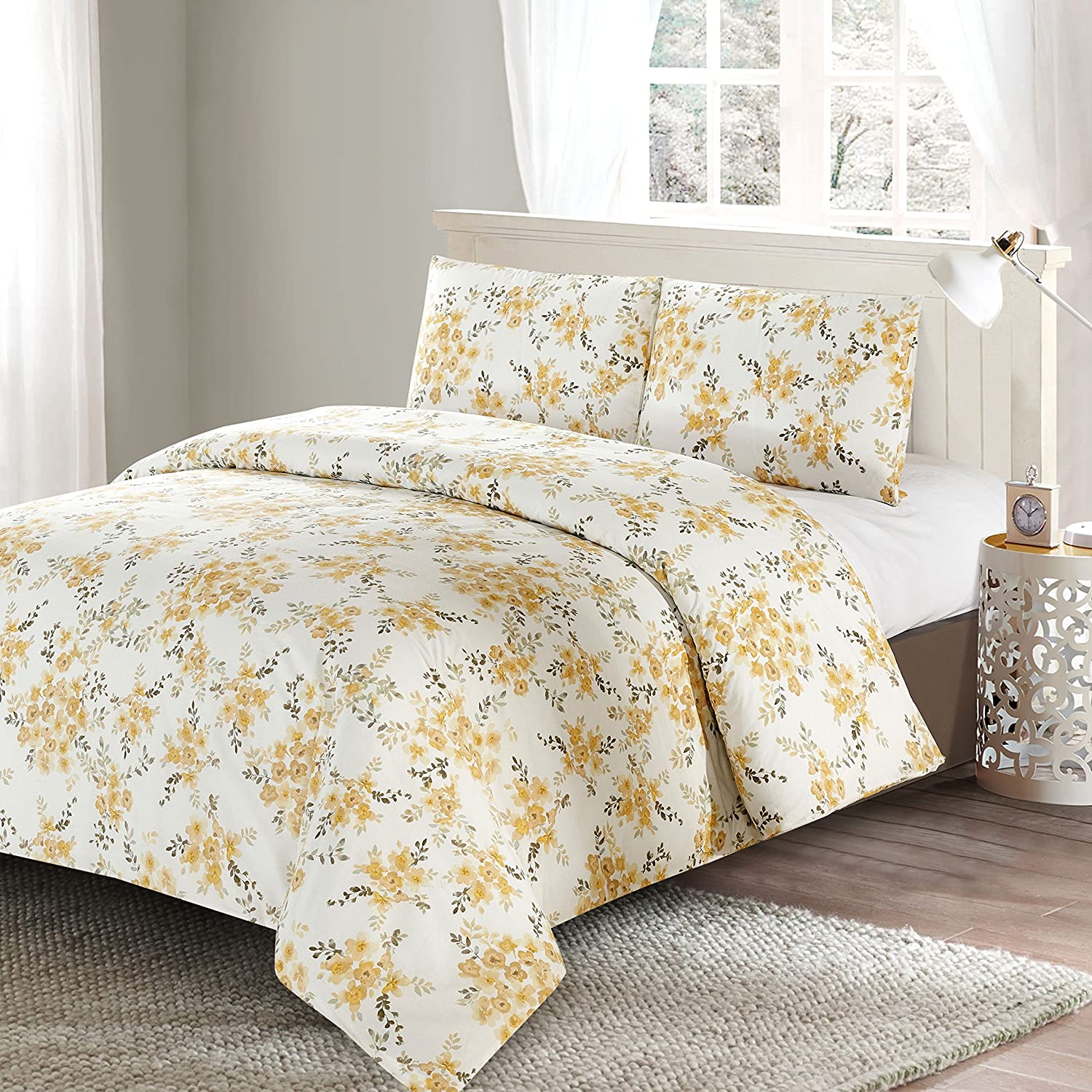 Price:$60.99 Floral White Yellow Pattern 3pc Duvet Cover Set, 100% Cotton Machine Washable, Includes 1 Duvet Cover 2 Shams (Queen Size) for Bedroom Studio : Home & Kitchen