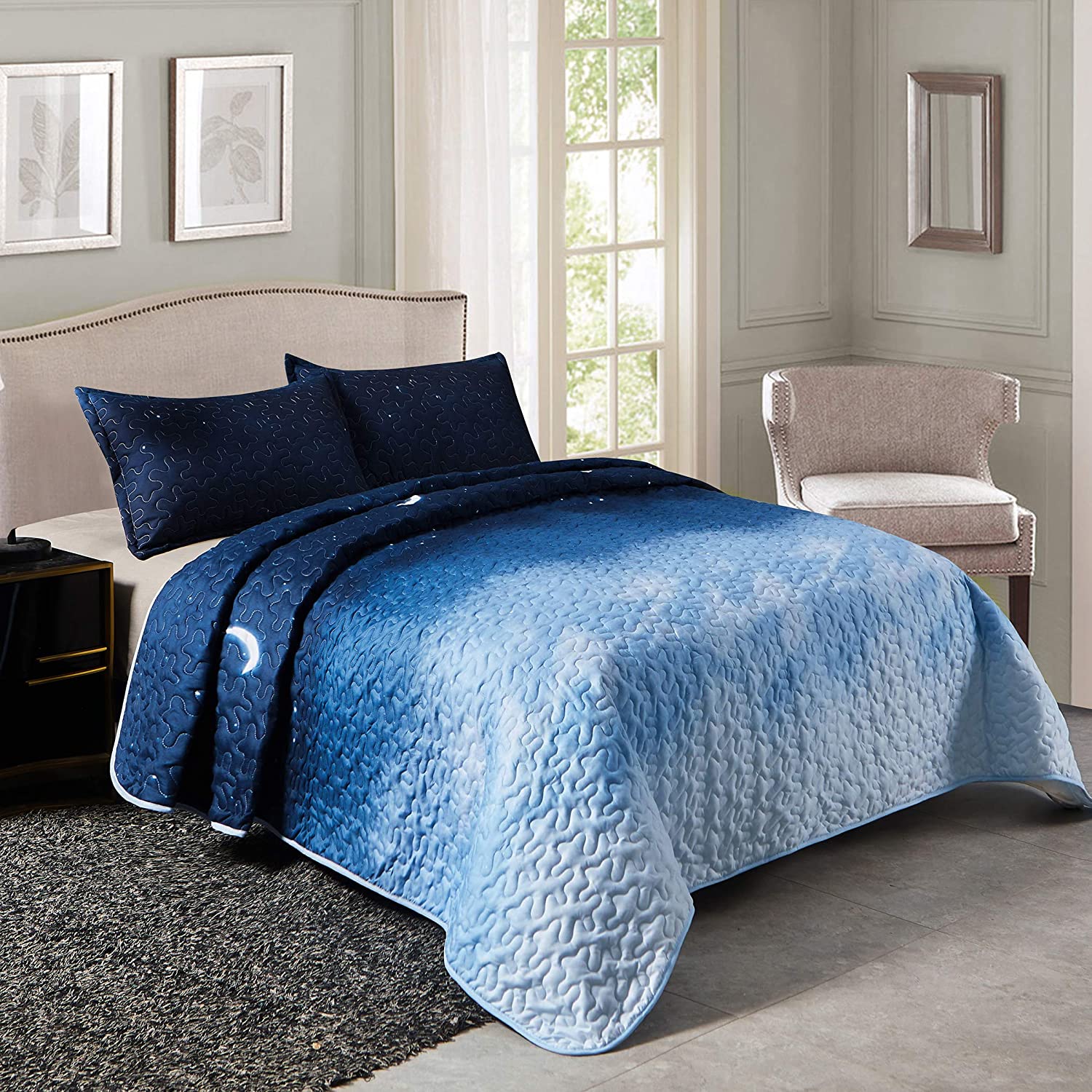 Price:$49.98 Galaxy Quilt Set Queen Size Moon/Star Pattern Comforter Set 3-Piece Bedspread Coverlet Set Microfiber Color Blue : Home & Kitchen