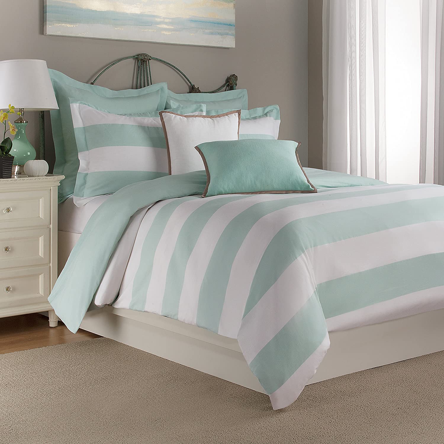 Price:$34.63 Row Cabana Stripe Duvet Cover Set Twin Aqua/White : Home & Kitchen