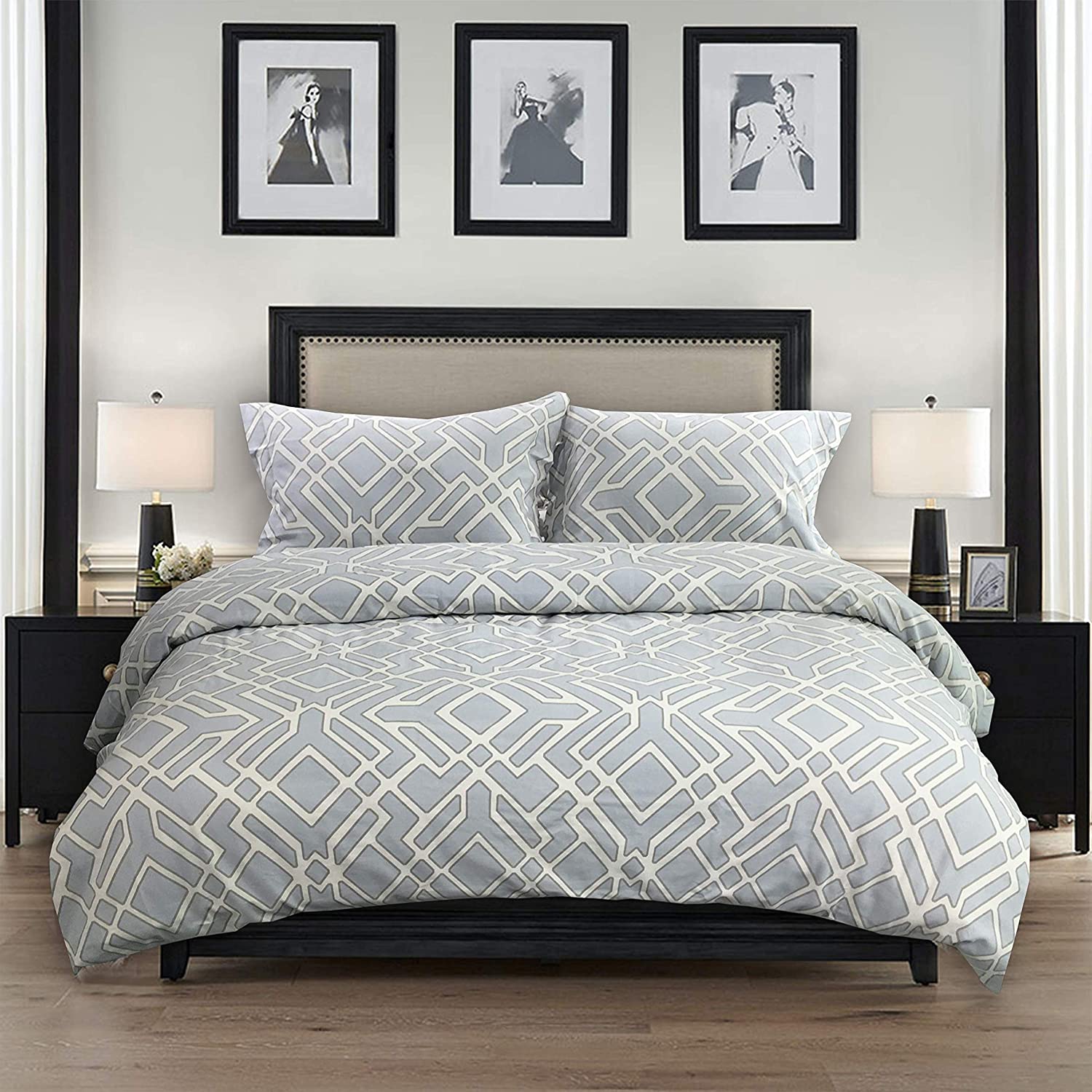 Price:$145.00 Printed Belgian Linen Cotton Duvet & Shams 3 Piece Set -Modern Geo Printing Design with Geometric Stripe Pattern (Full/Queen US) : Home & Kitchen