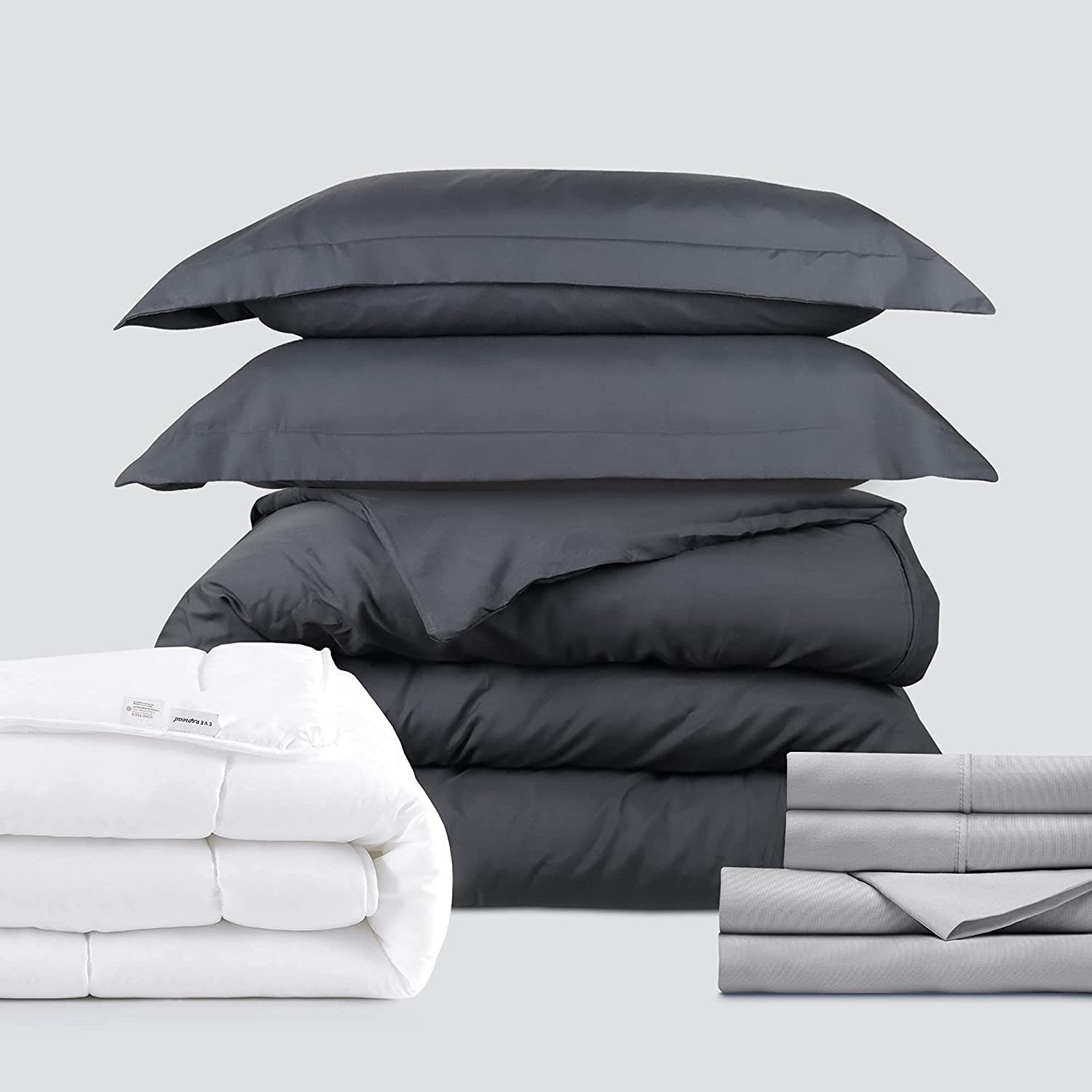 Price:$64.59 Complete Microfiber Bedding Bundle - 4 Piece Sheet Set (Queen, Light Gray) & 3 Piece Microfiber Duvet Set (Queen, Dark Gray) & Microfiber Shell Down Comforter (Queen) : Home & Kitchen