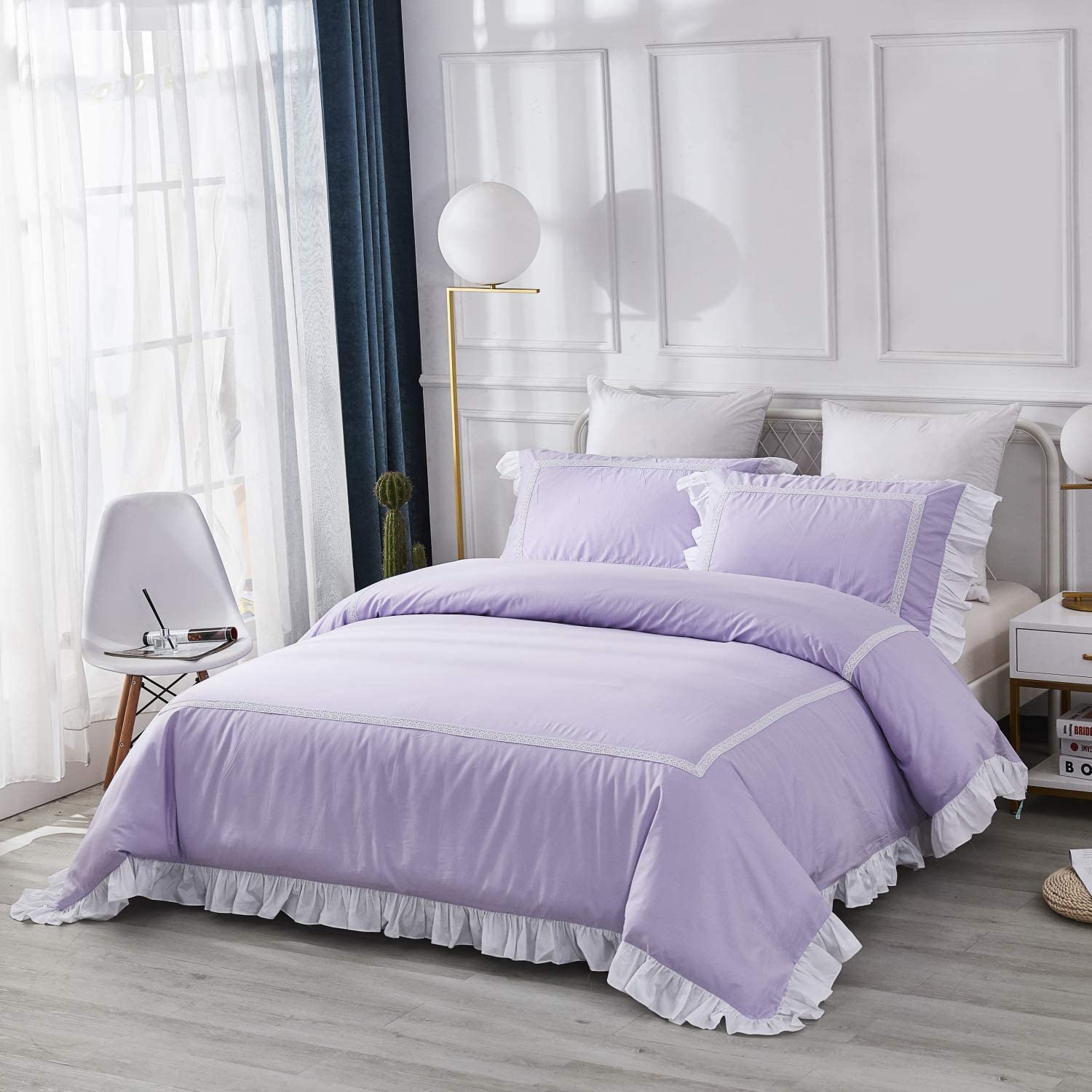Price:$92.00 Romantic Purple White Bedding Set King Size 100% Cotton Luxury Chic Ruffled Duvet Cover Set 3-Piece (No Comforter Included) : Home & Kitchen