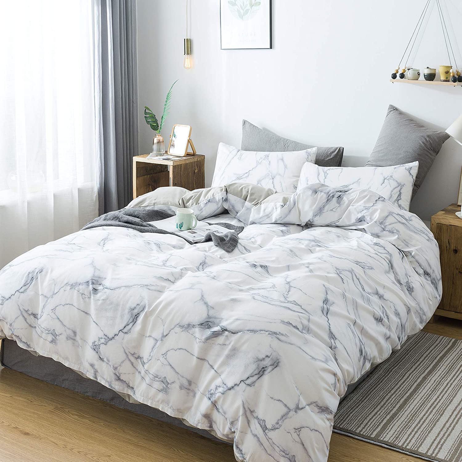 Price:$40.99 Girl Bedding Duvet Cover Sets - 3 Piece (1 Duvet Cover & 2 Pillowcases), Soft Cotton Marble Bedding Set with Zipper Closure Corner Ties for Women Men Teen, White and Gray, King : Home & Kitchen