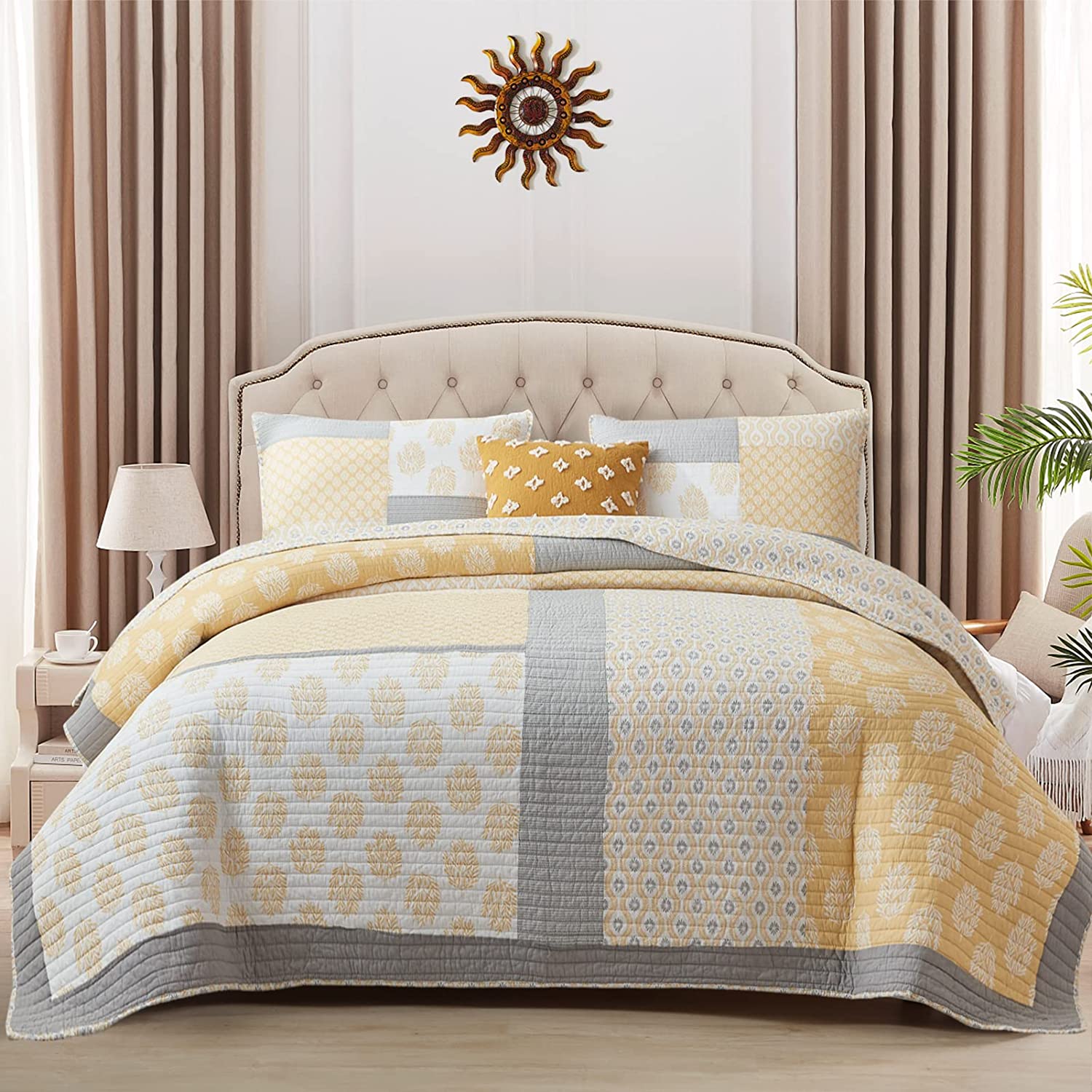 Price:$109.99 Queen Bedspread Quilt Set - Cotton Reversible Quilted Coverlet 3 Piece, Real-Patchwork Soft Farmhouse Floral Luxury Lightweight Bedding Set for All-Season,Queen Size : Home & Kitchen