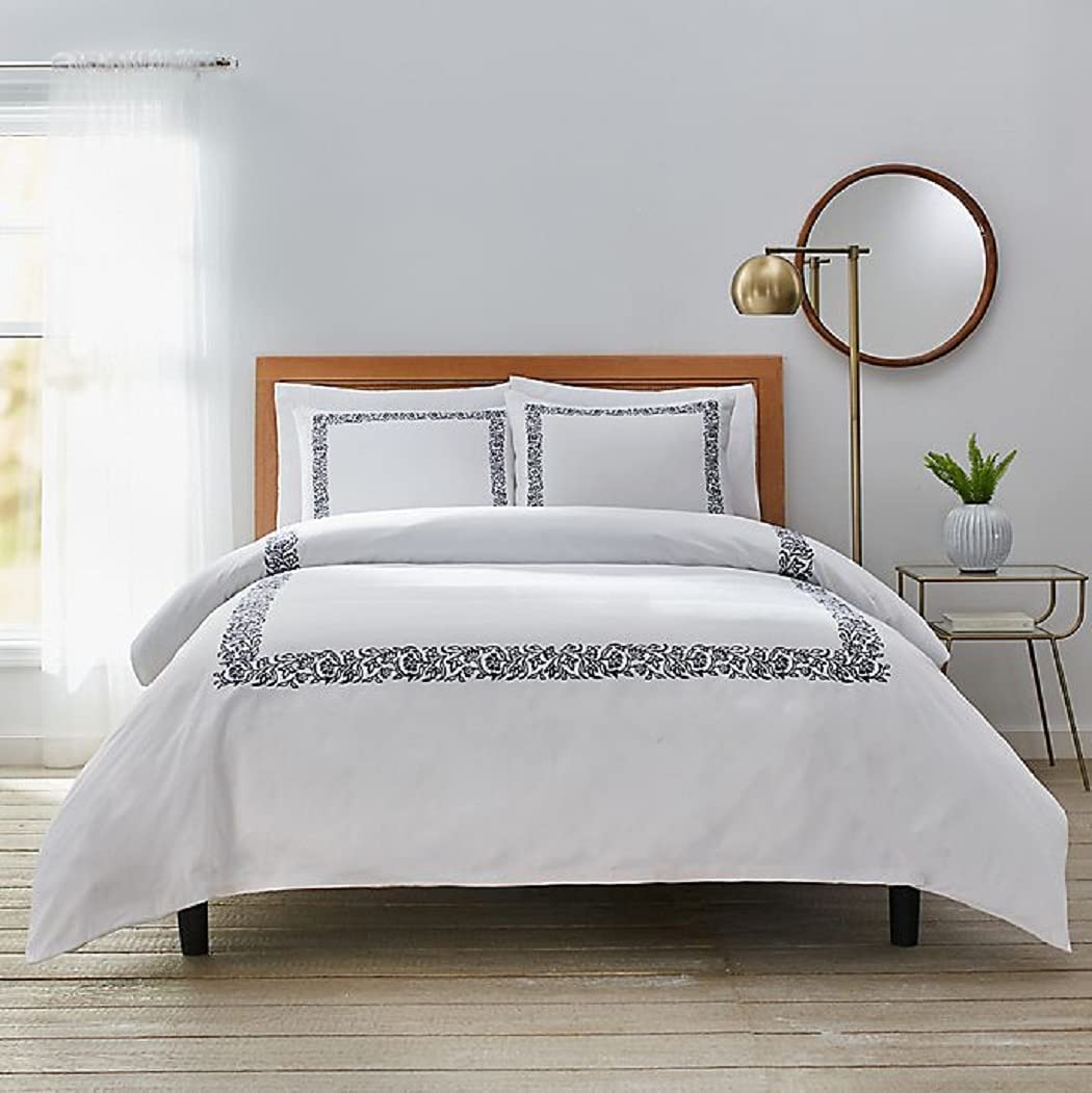 Price:$122.50 and Bath Dahlia 450 Thread Count Damask Floral Inset Border King Duvet Cover Set in White with Navy Design : Home & Kitchen