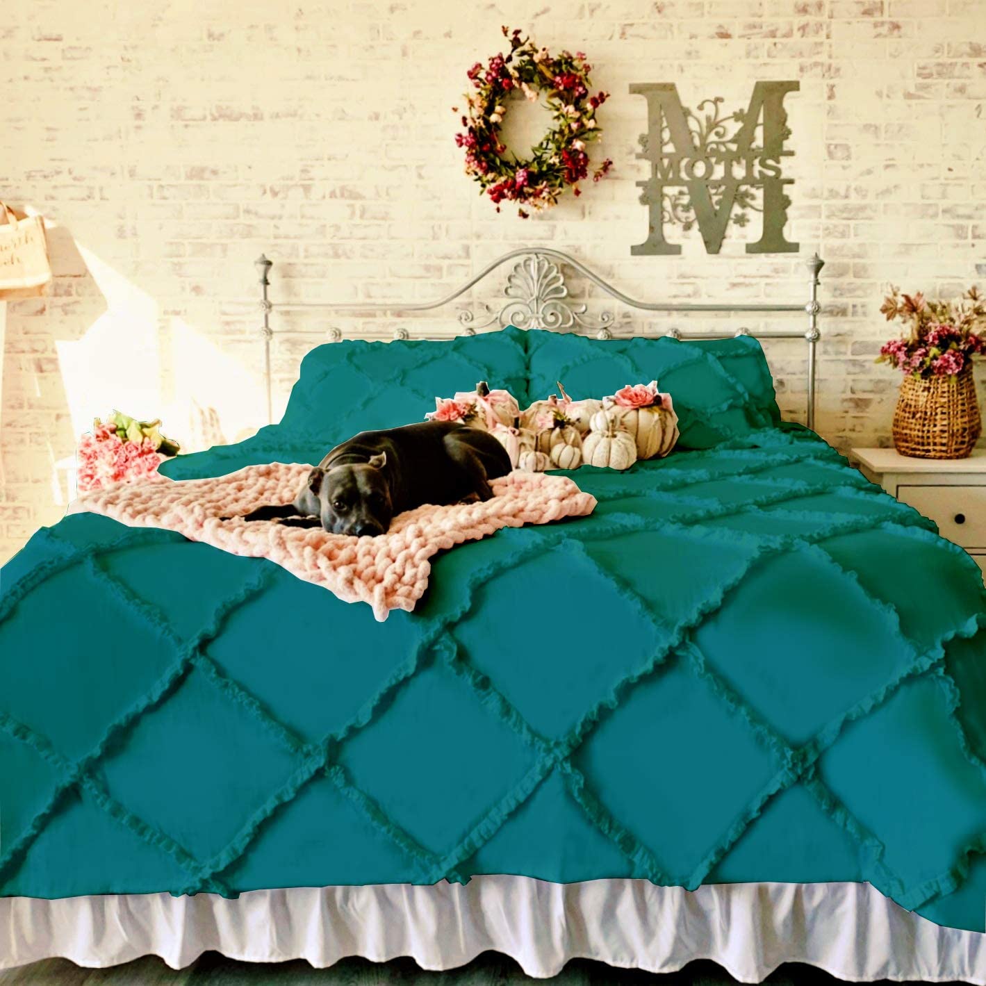 Price:$103.49 Culture 3 Piece Cross Diamond Ruffle Duvet Cover with Zipper & Corner Ties 600 Thread Count 100% Egyptian Cotton Premium Hotel Class Decorative Beddingg (California King/King, Teal) : Home & Kitchen