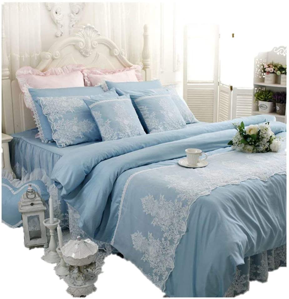 Price:$119.00 Lace Design Blue Princess Bedding Ruffled Cotton Duvet Cover Sets 4PCS Queen Size : Home & Kitchen