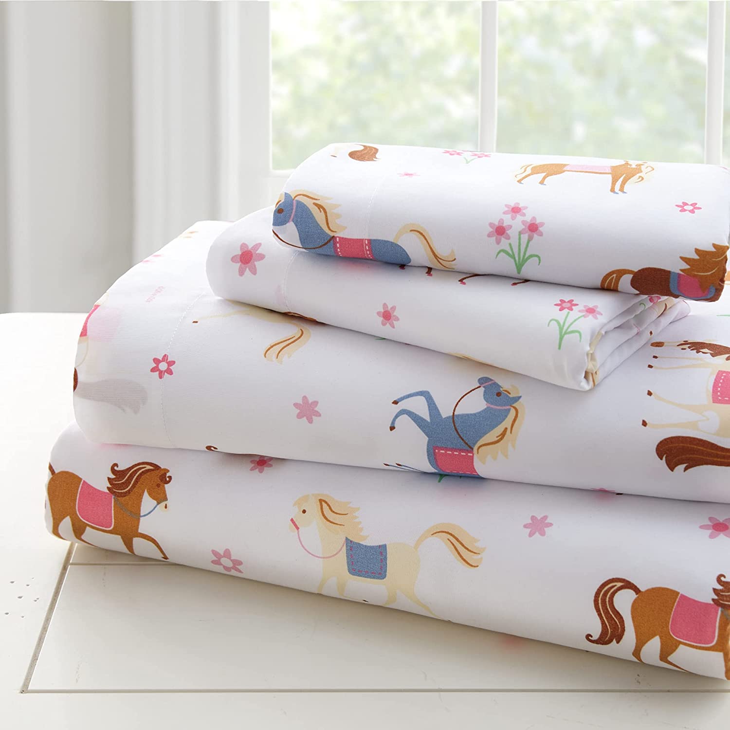 Price:$59.99 Kids Microfiber Twin Sheet Set for Boys and Girls, Bedding Sheet Set Includes Top Sheet, Fitted Sheet, and One Standard Pillow Case, BPA-Free, Olive Kids (Horses) : Home & Kitchen