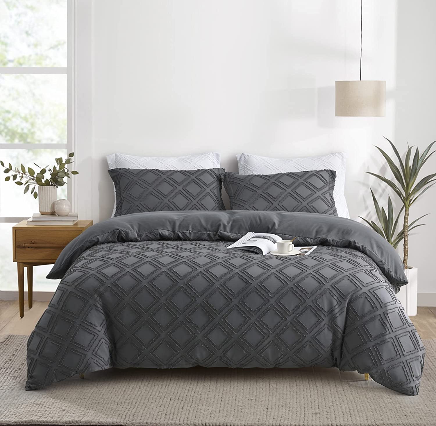 Price:$45.99 Duvet Cover Set, 3 Pieces Textured Tufted Geometric Boho Bedding Sets Zipper Closure Design with Ties, 1 Duvet Cover + 2 Pillow Shams, Comforter NOT Included (Dark Grey, Size) : Home & Kitchen