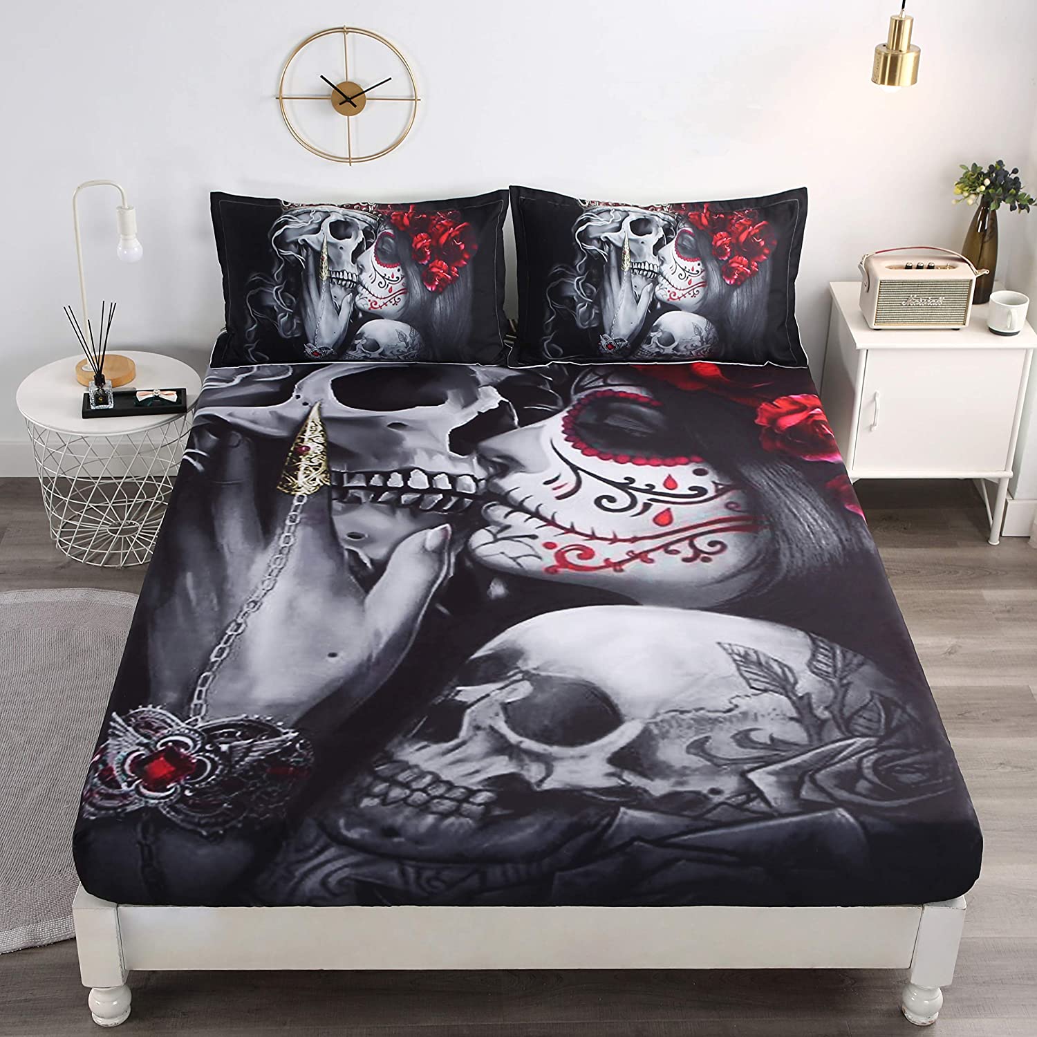 Price:$52.60 Dead Sugar Skull Girl Kissing Skull Home Bed Fitted Sheet Set Soft Microfiber Breathable Bedding All-Round Elastic Pocket Queen Size Fitted Sheet and 2Pillowcases (Queen) : Home & Kitchen